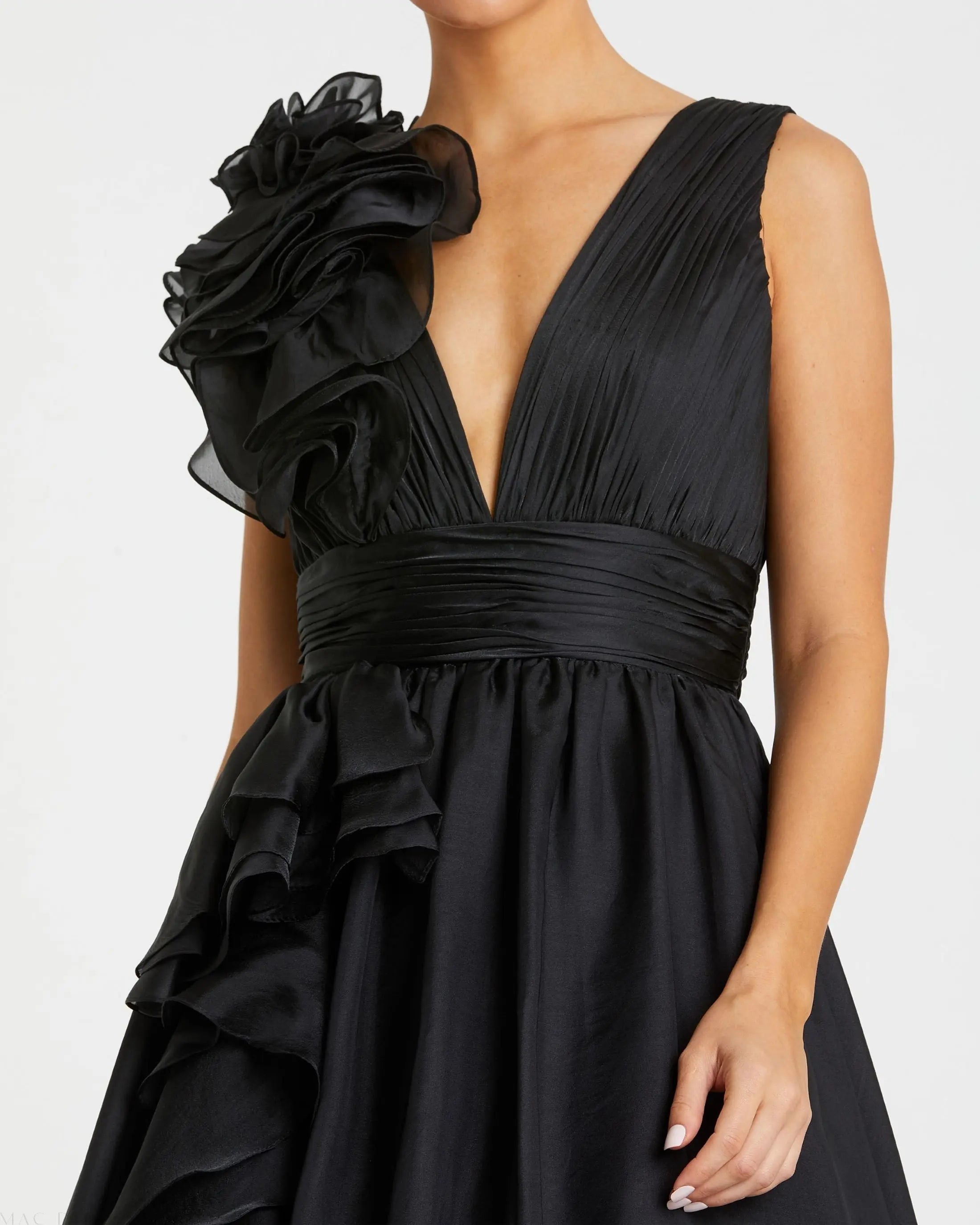 Black Ruffle Shoulder V-Neck Chiffon Gown-Myartka