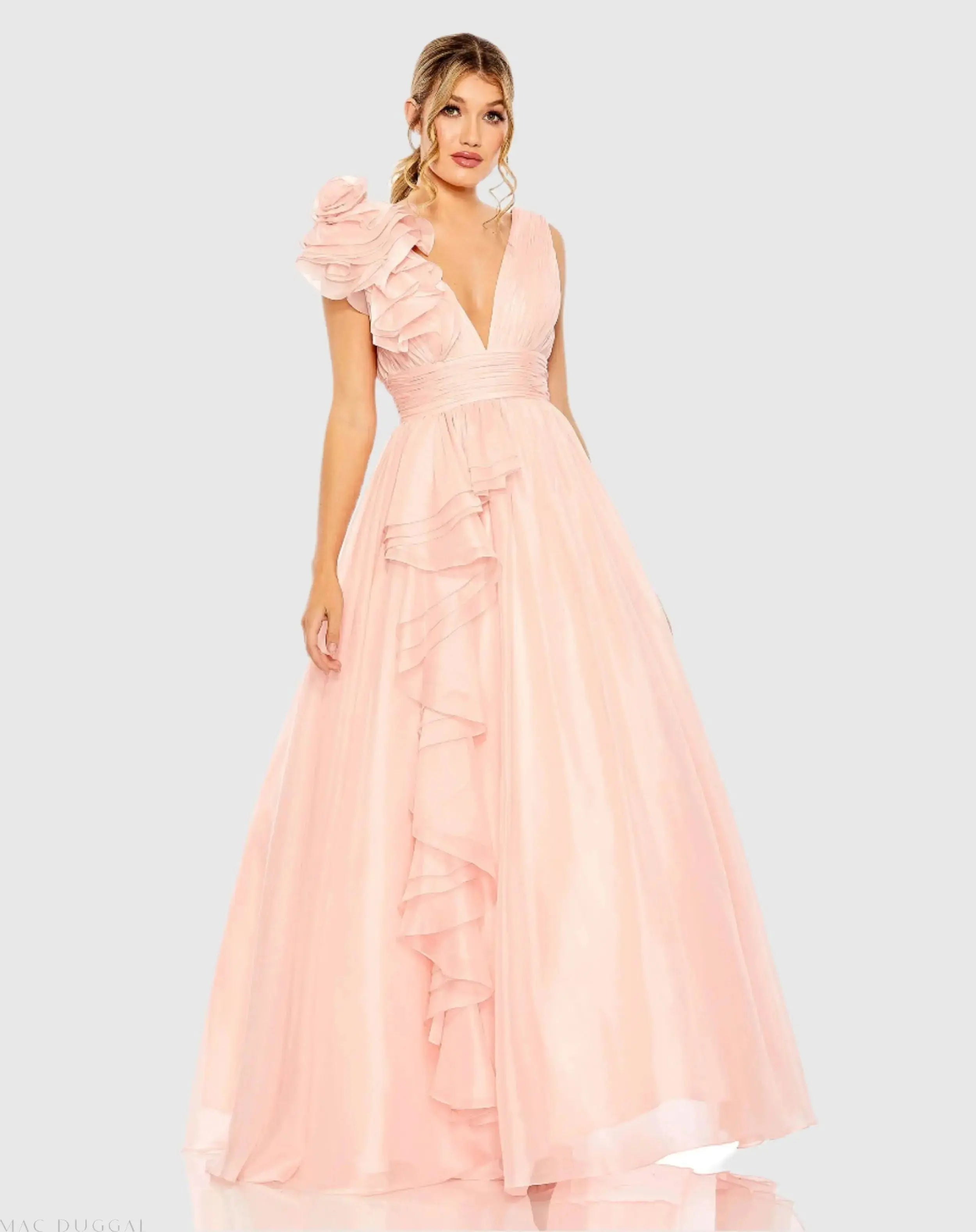 Light Pink Ruffle Shoulder V-Neck Chiffon Gown-Myartka