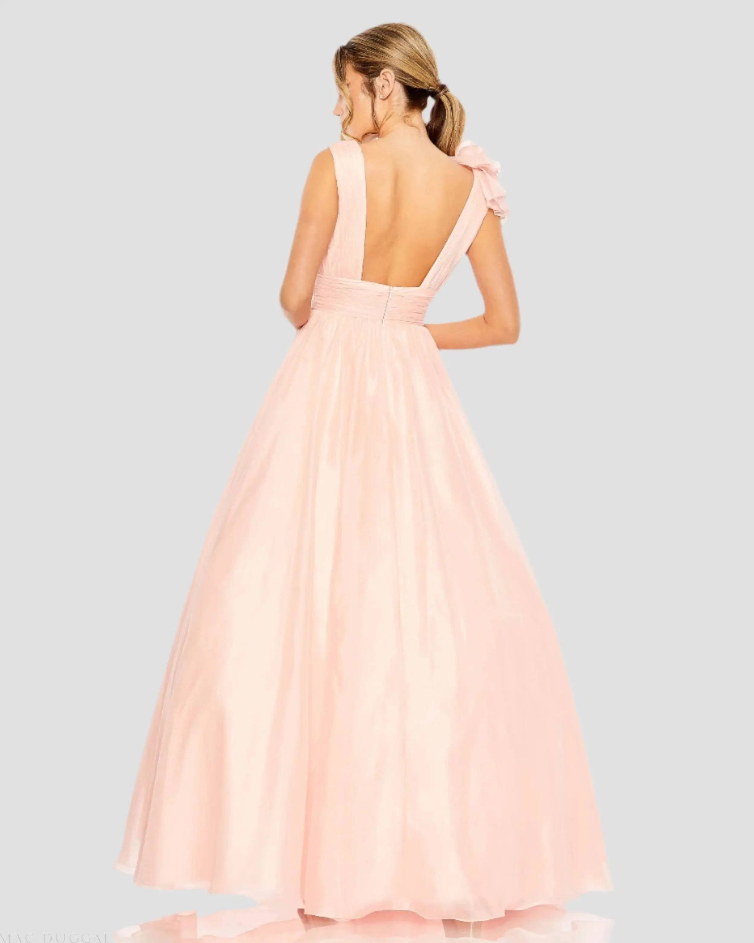 Light Pink Ruffle Shoulder V-Neck Chiffon Gown-Myartka