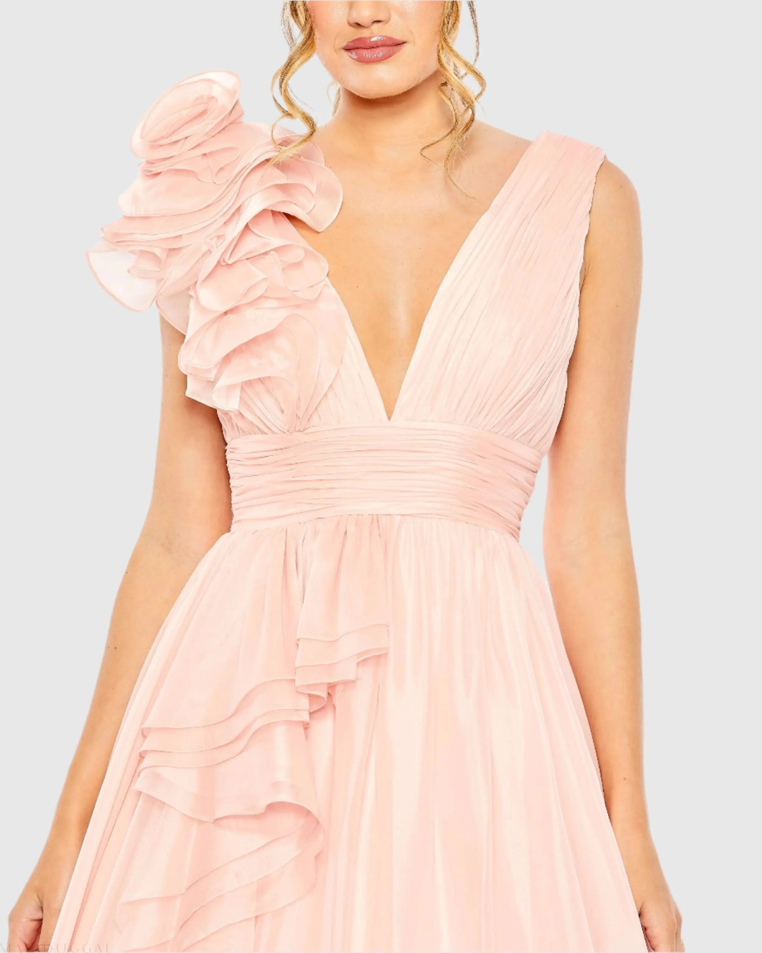 Light Pink Ruffle Shoulder V-Neck Chiffon Gown-Myartka
