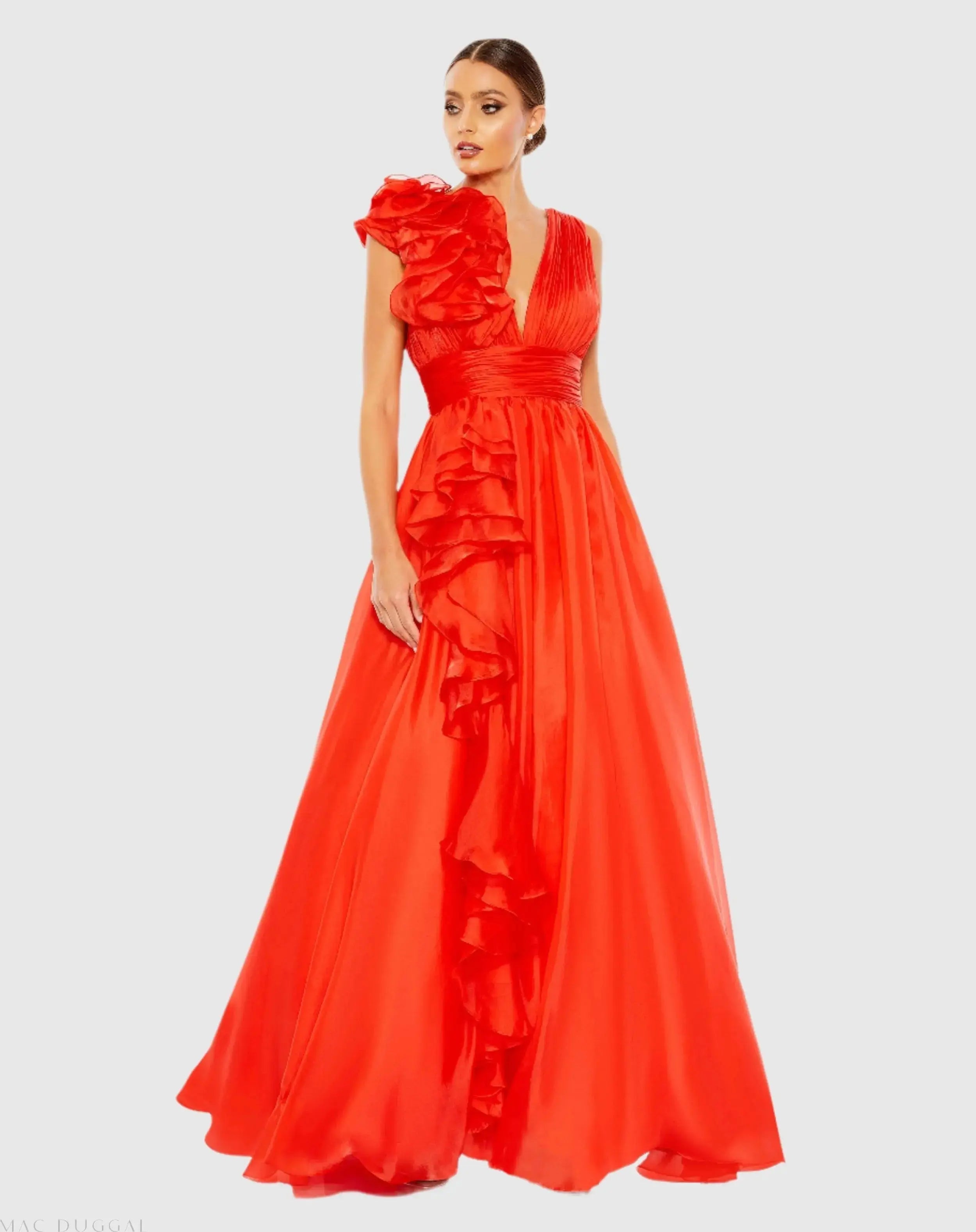 Red Ruffle Shoulder V-Neck Chiffon Gown-Myartka