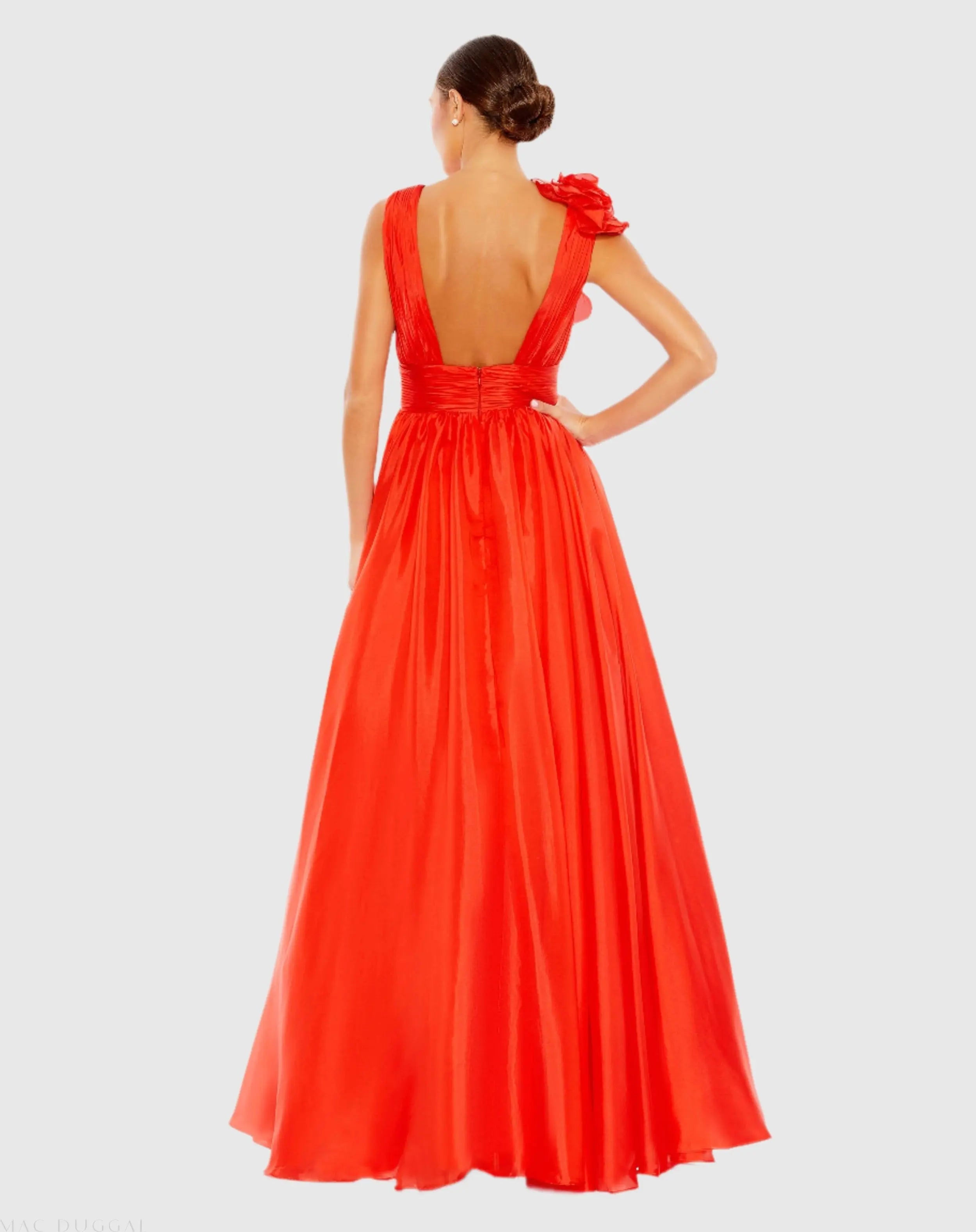 Red Ruffle Shoulder V-Neck Chiffon Gown-Myartka