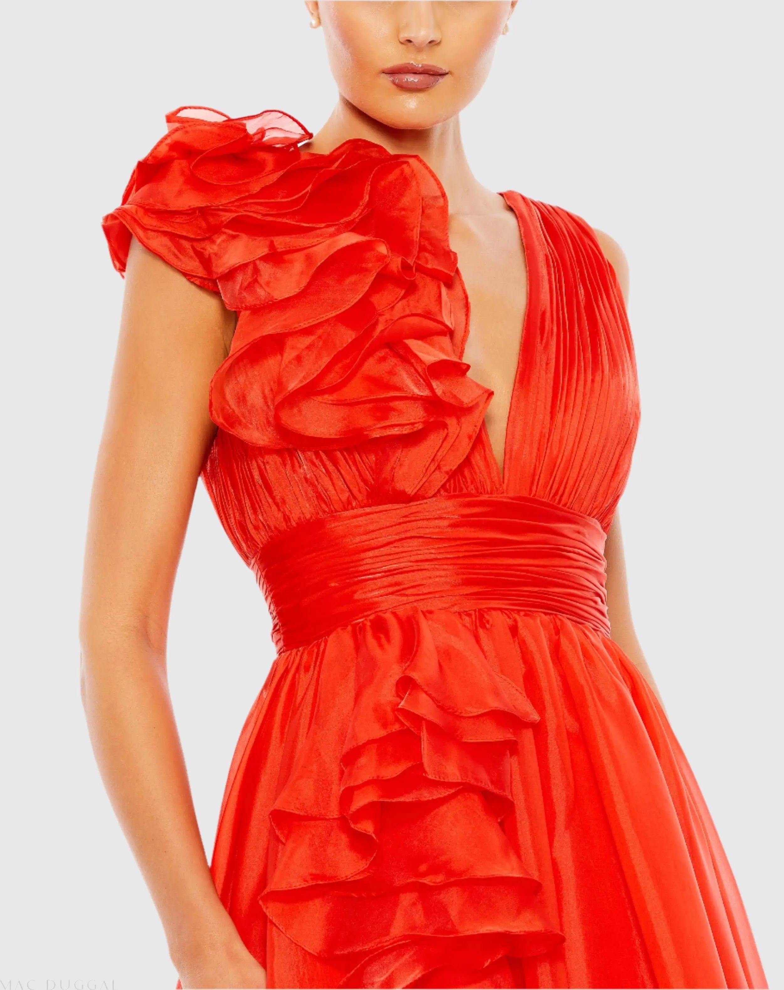 Red Ruffle Shoulder V-Neck Chiffon Gown-Myartka