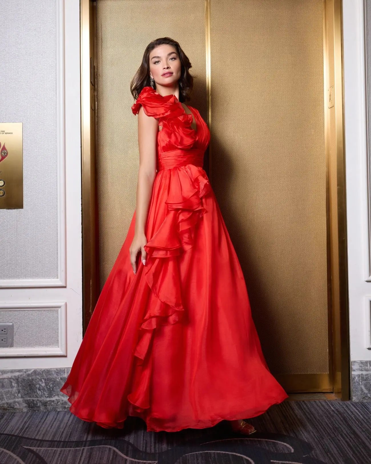 Red Ruffle Shoulder V-Neck Chiffon Gown-Myartka