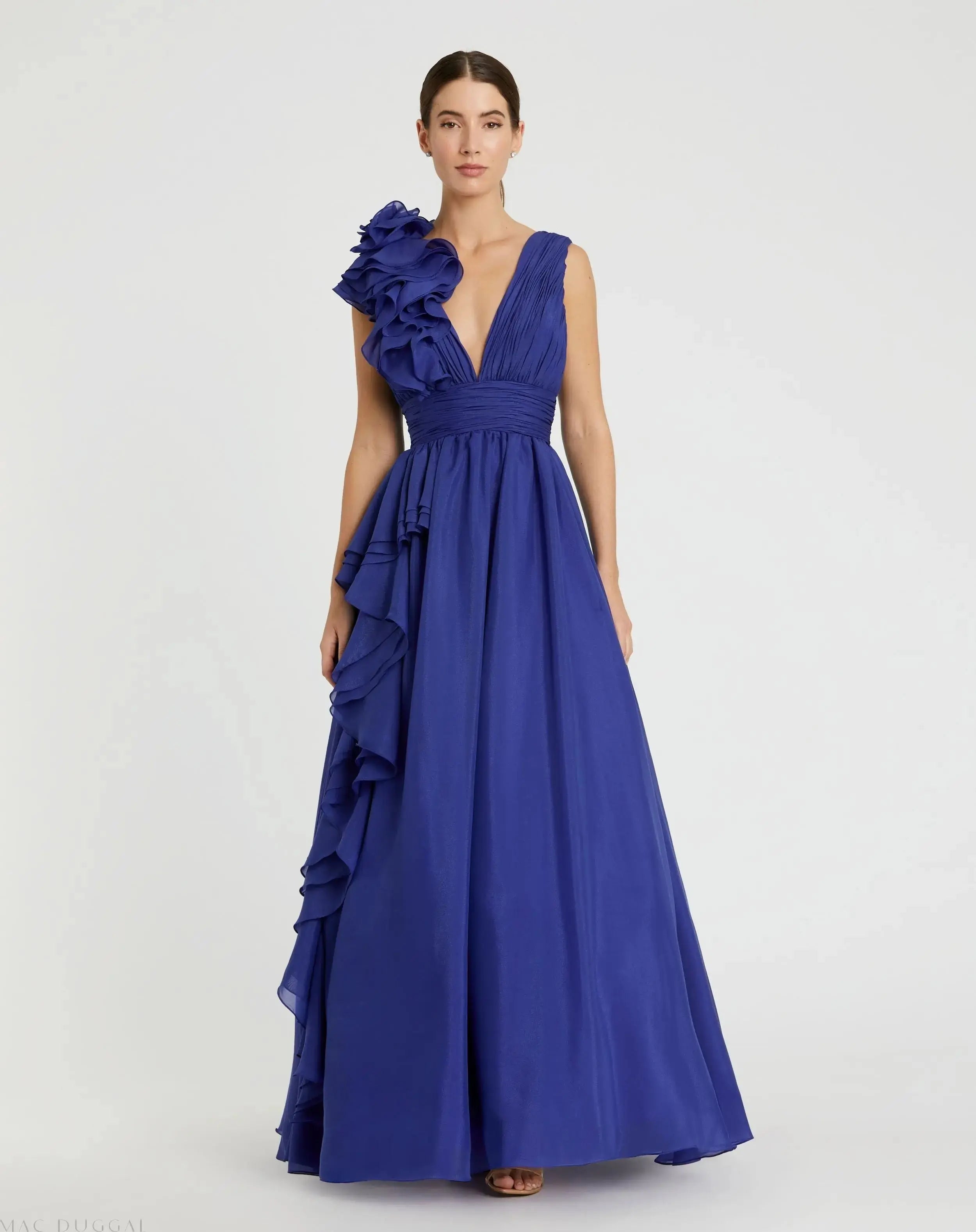 Dark Blue Ruffle Shoulder V-Neck Chiffon Gown-Myartka