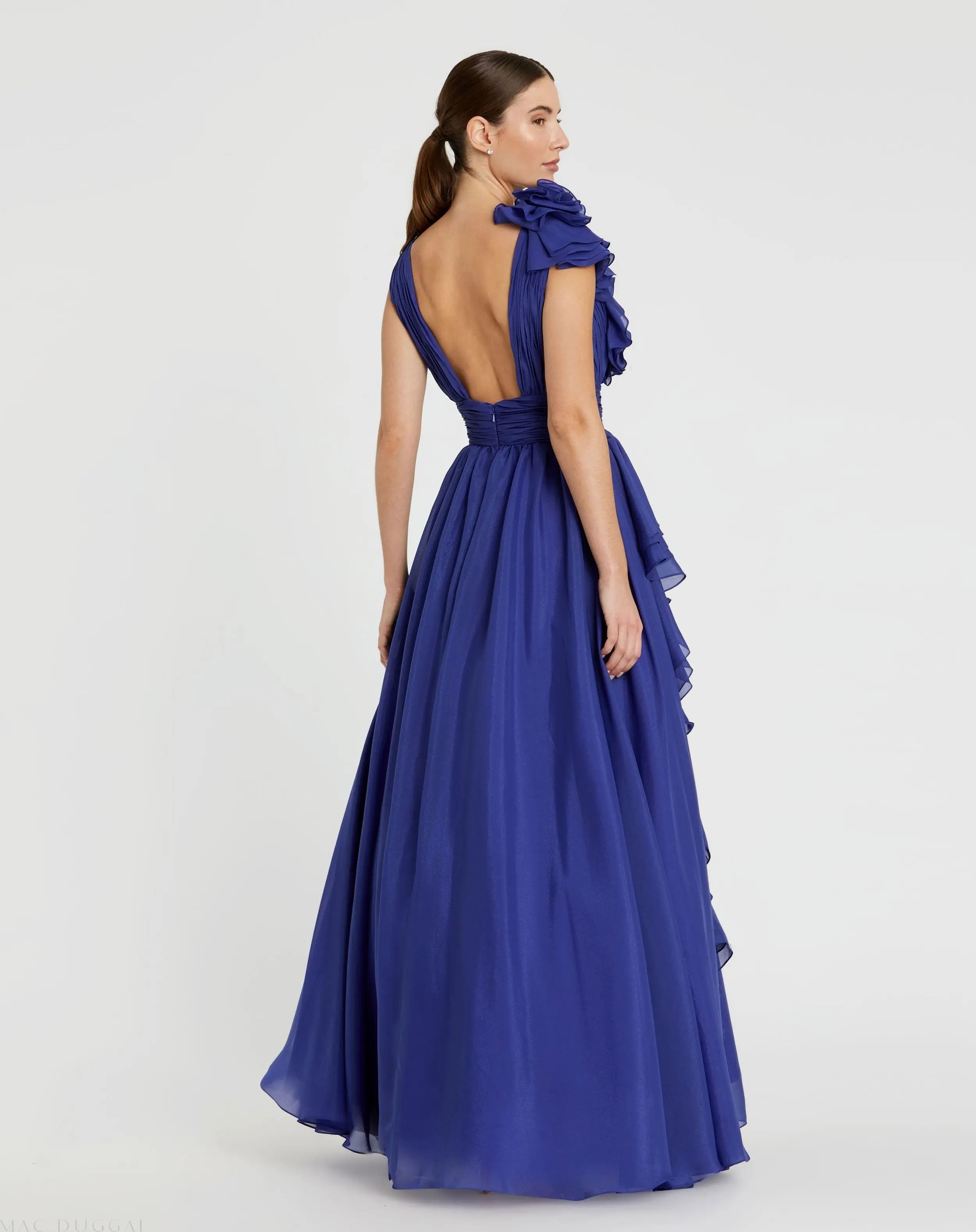 Dark Blue Ruffle Shoulder V-Neck Chiffon Gown-Myartka