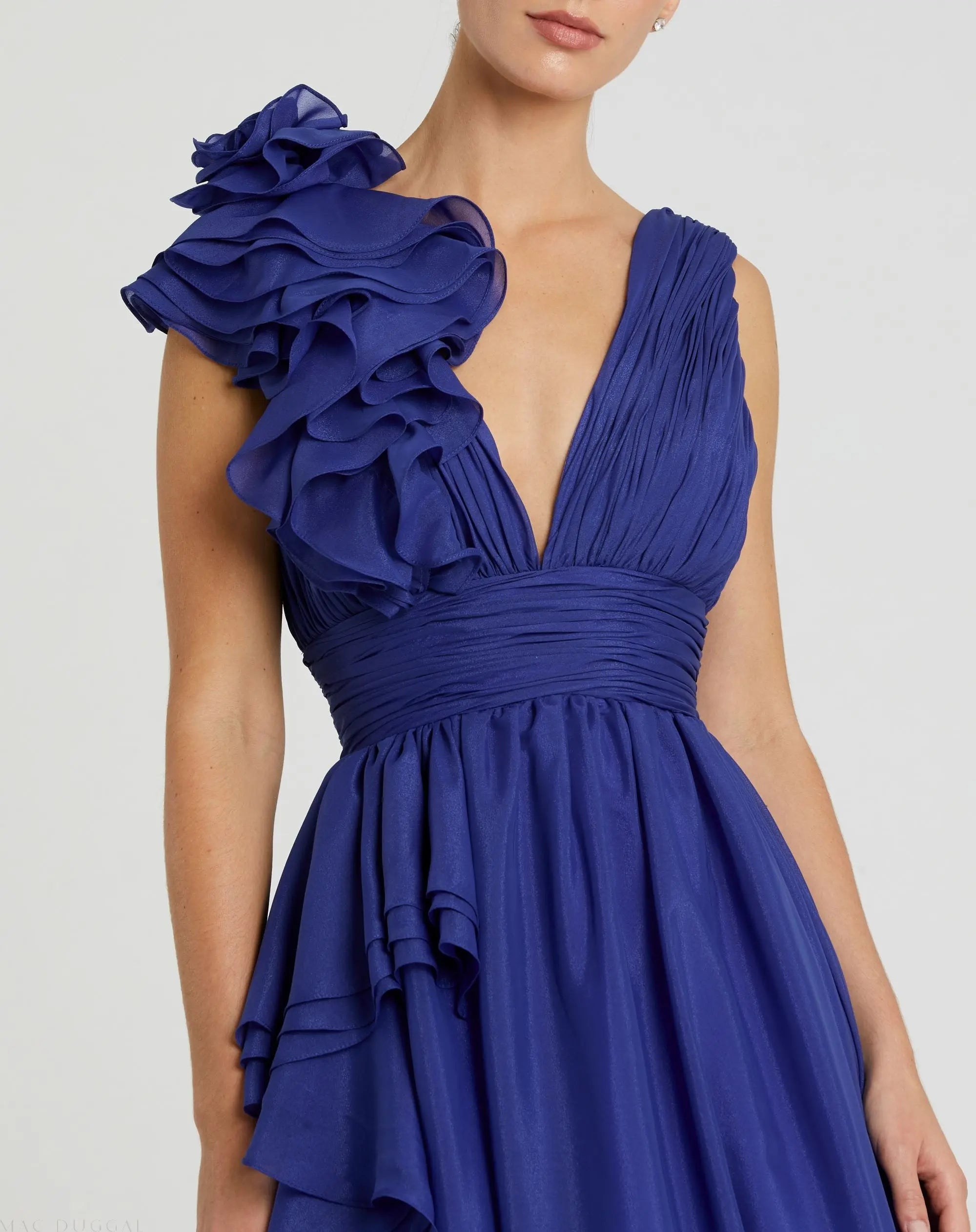 Dark Blue Ruffle Shoulder V-Neck Chiffon Gown-Myartka
