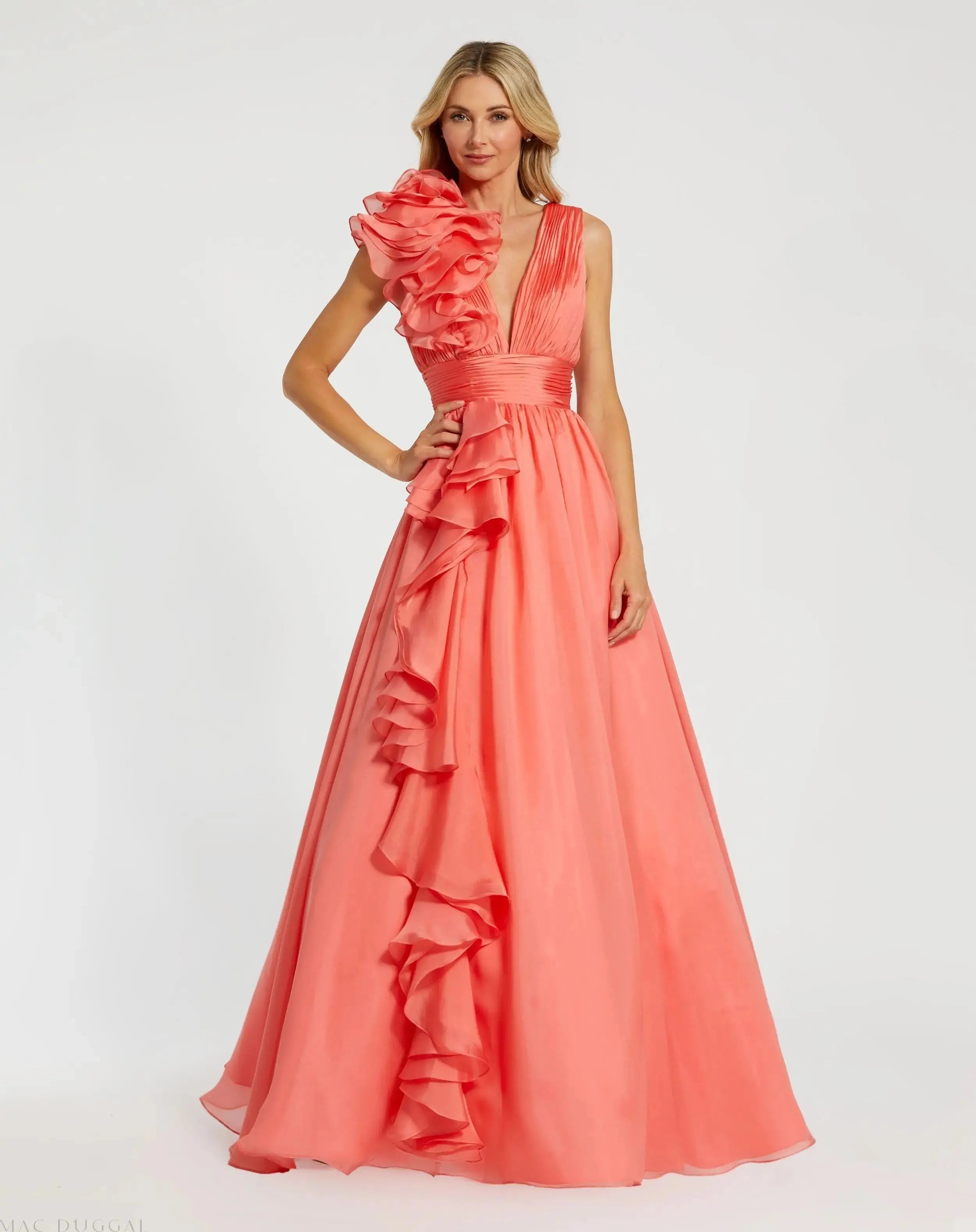 Coral Ruffle Shoulder V-Neck Chiffon Gown-Myartka
