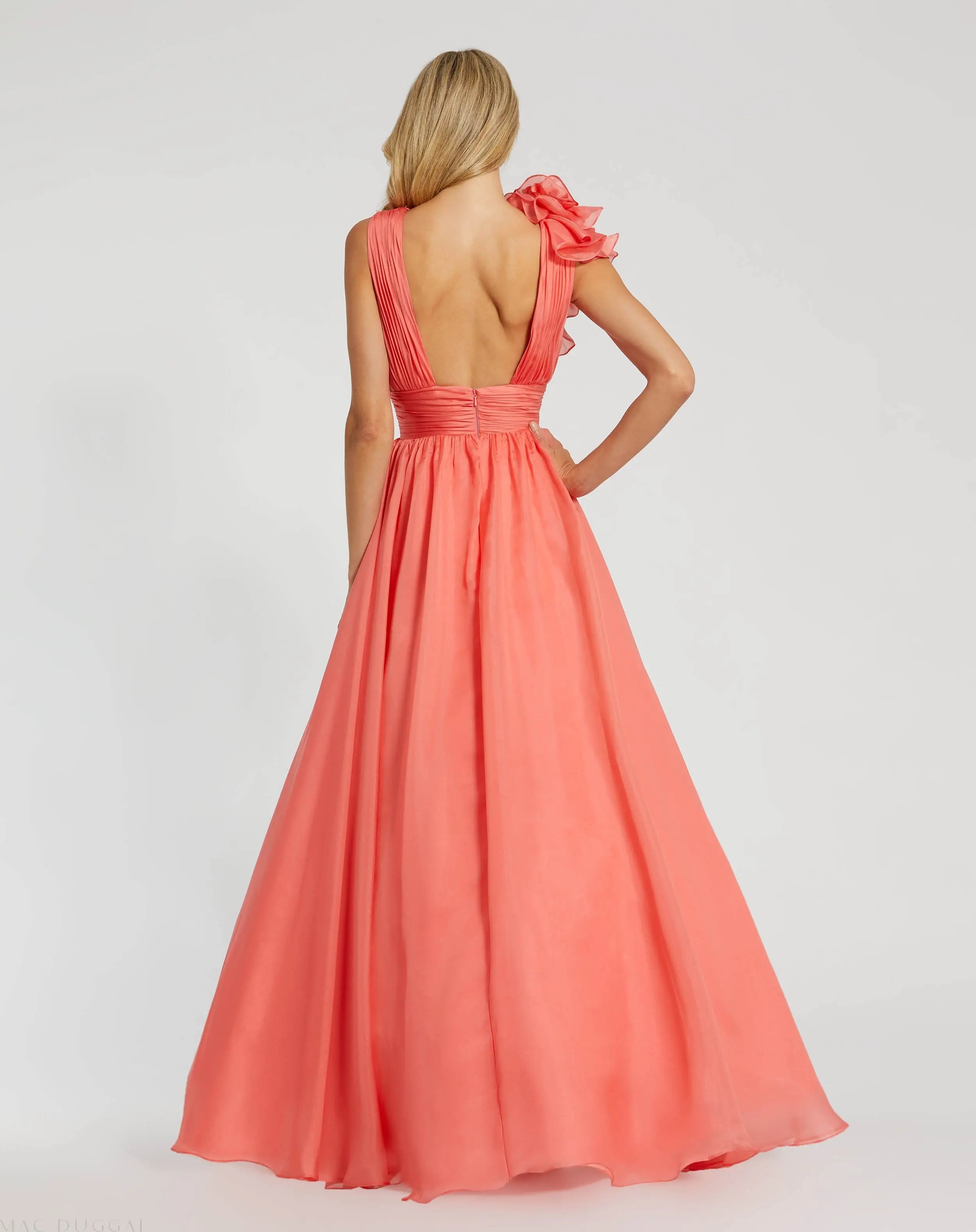 Coral Ruffle Shoulder V-Neck Chiffon Gown-Myartka