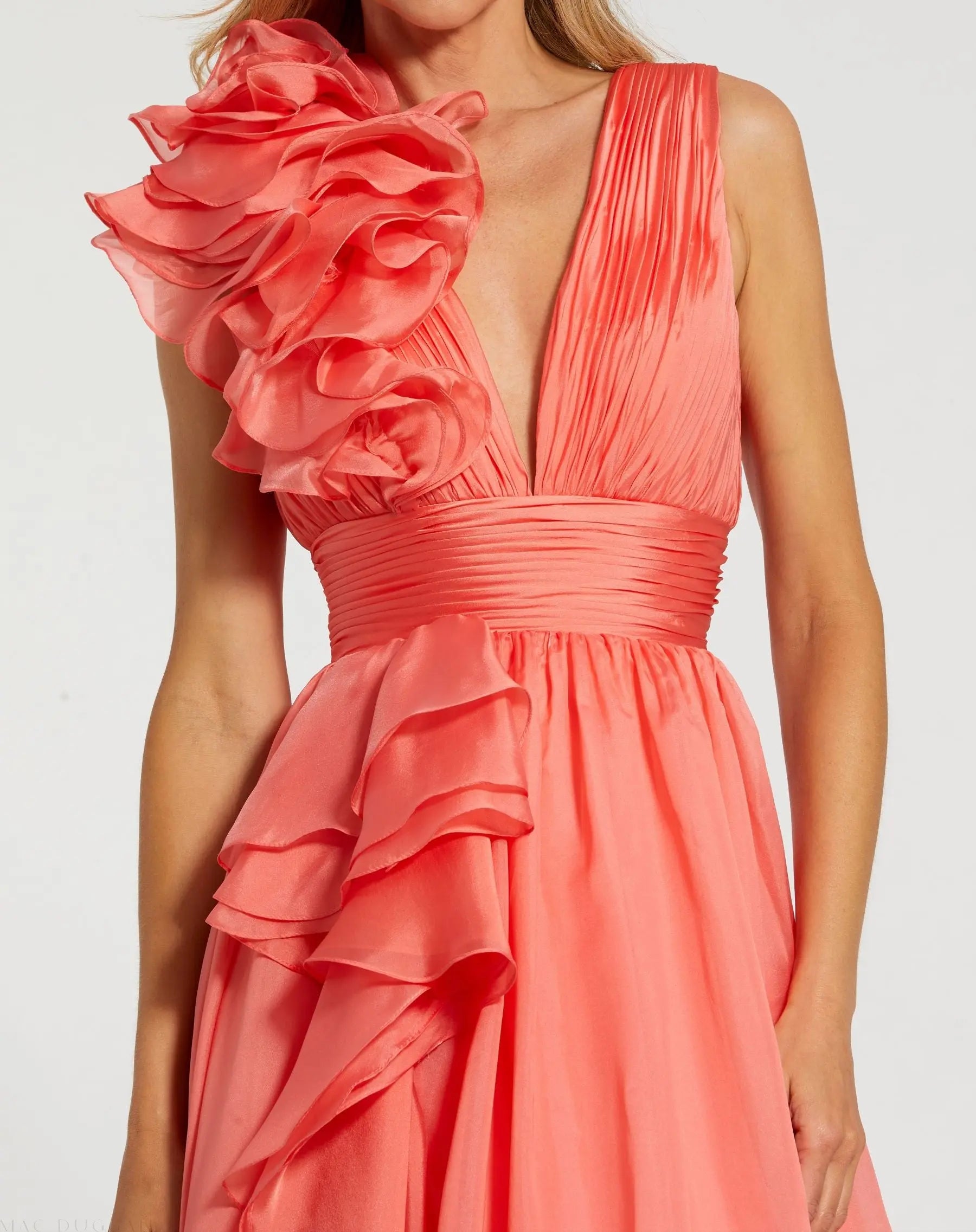 Coral Ruffle Shoulder V-Neck Chiffon Gown-Myartka