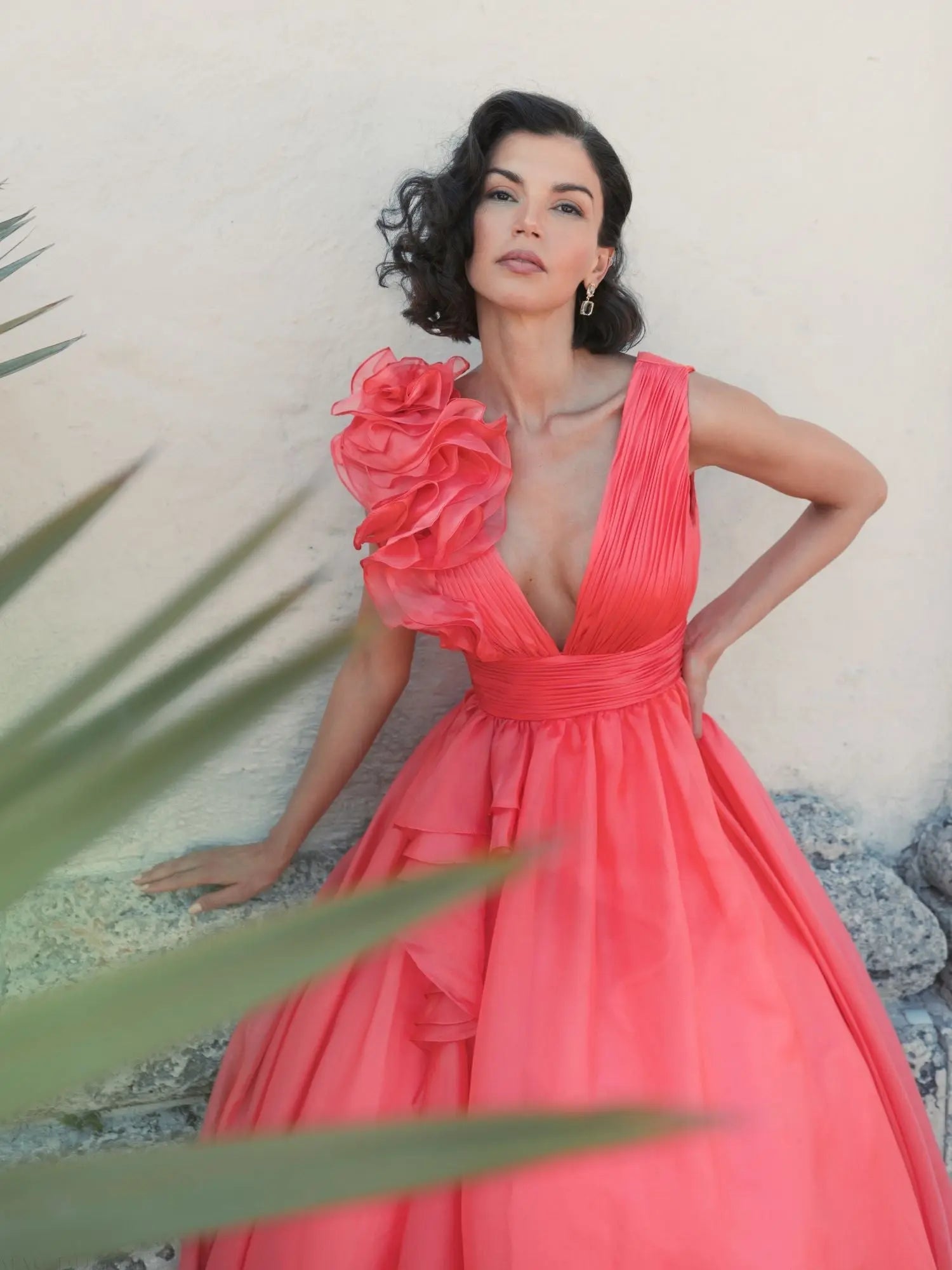 Coral Ruffle Shoulder V-Neck Chiffon Gown-Myartka