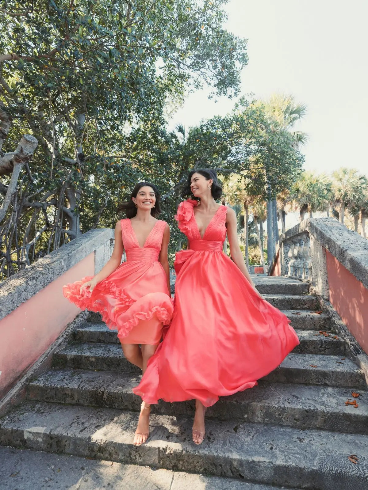 Coral Ruffle Shoulder V-Neck Chiffon Gown-Myartka