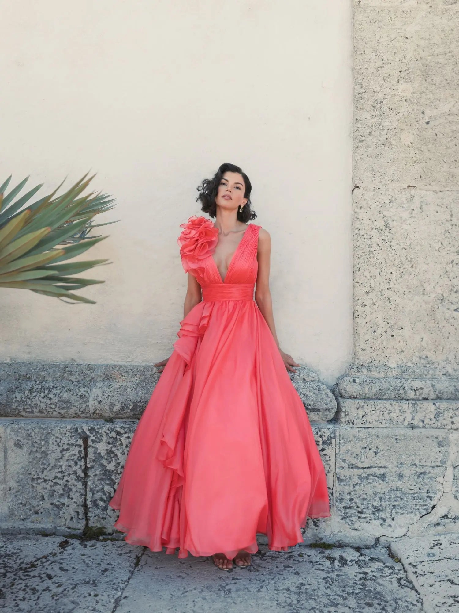 Coral Ruffle Shoulder V-Neck Chiffon Gown-Myartka