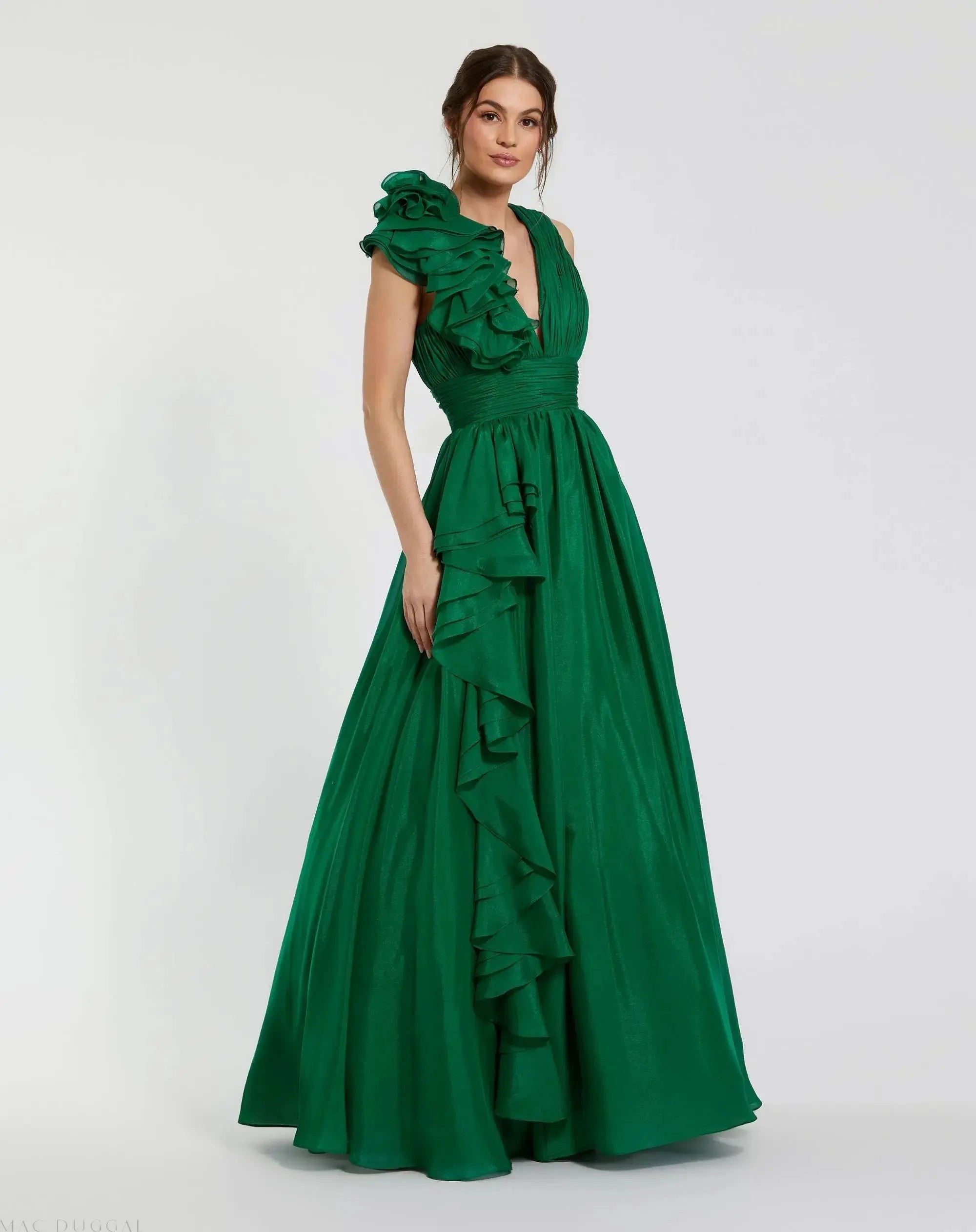 Emerald Green Ruffle Shoulder V-Neck Chiffon Gown-Myartka