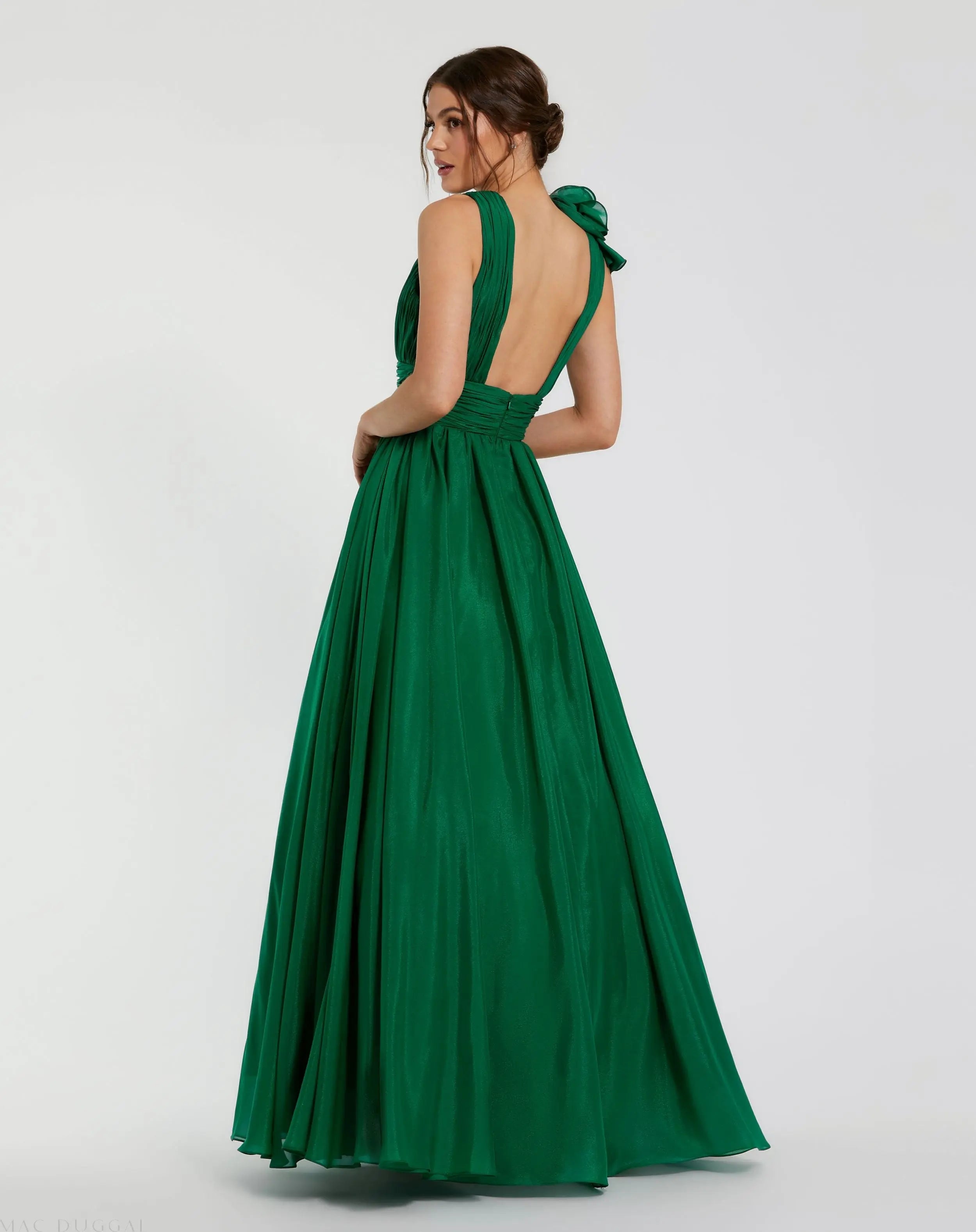 Emerald Green Ruffle Shoulder V-Neck Chiffon Gown-Myartka