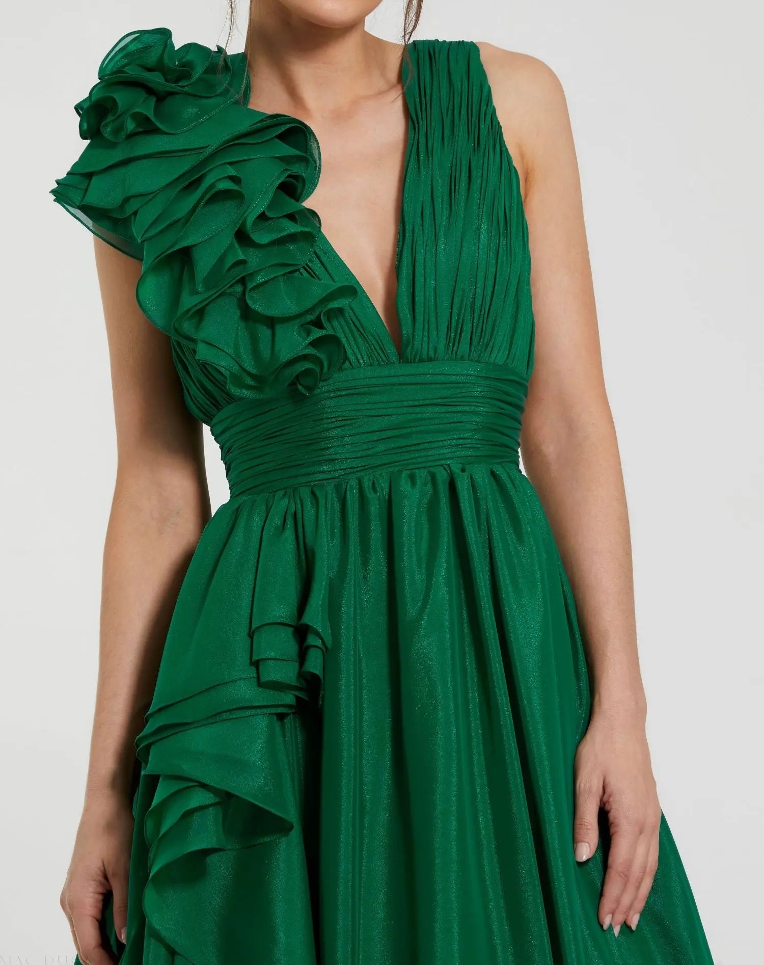 Emerald Green Ruffle Shoulder V-Neck Chiffon Gown-Myartka