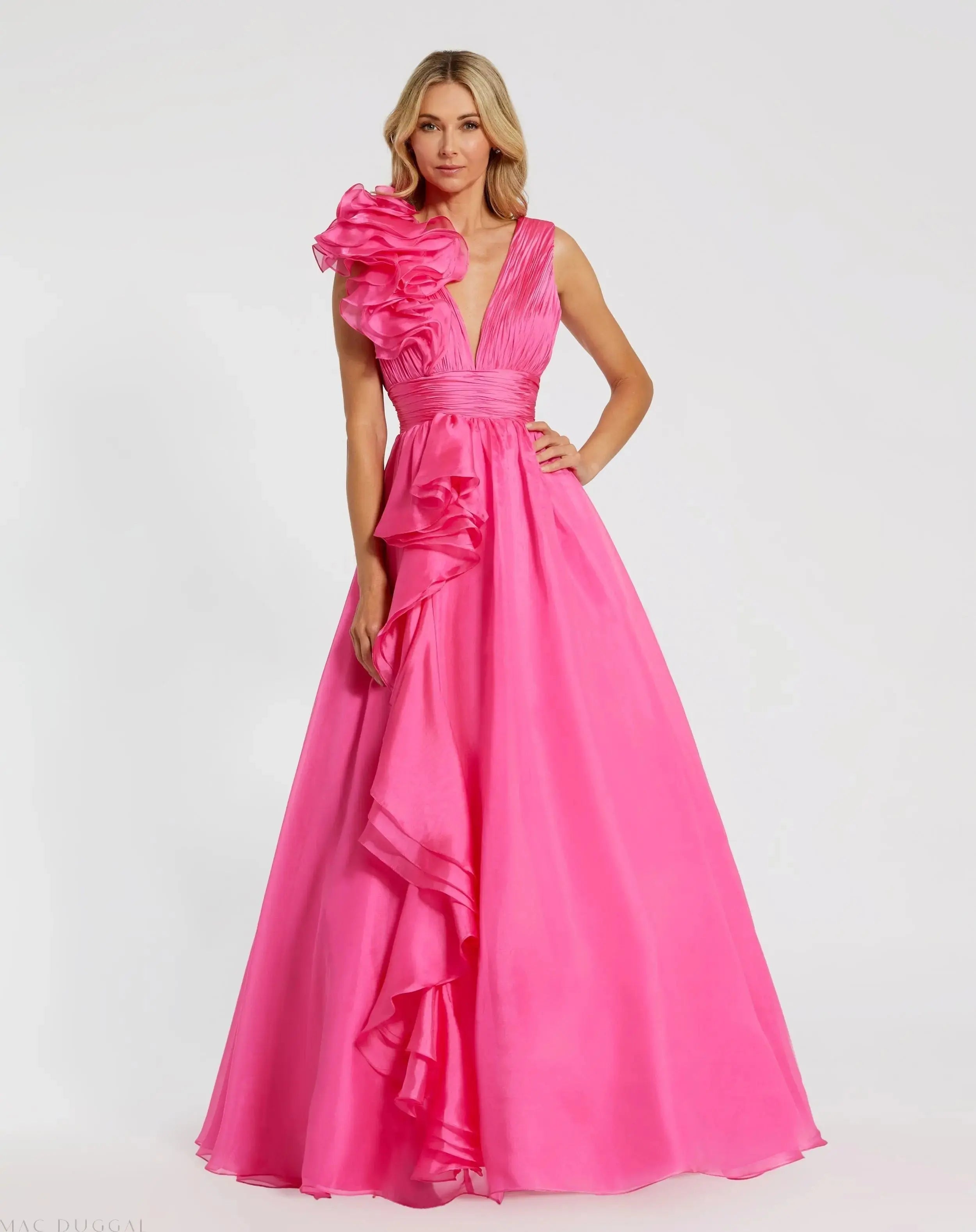 Pink Ruffle Shoulder V-Neck Chiffon Gown-Myartka