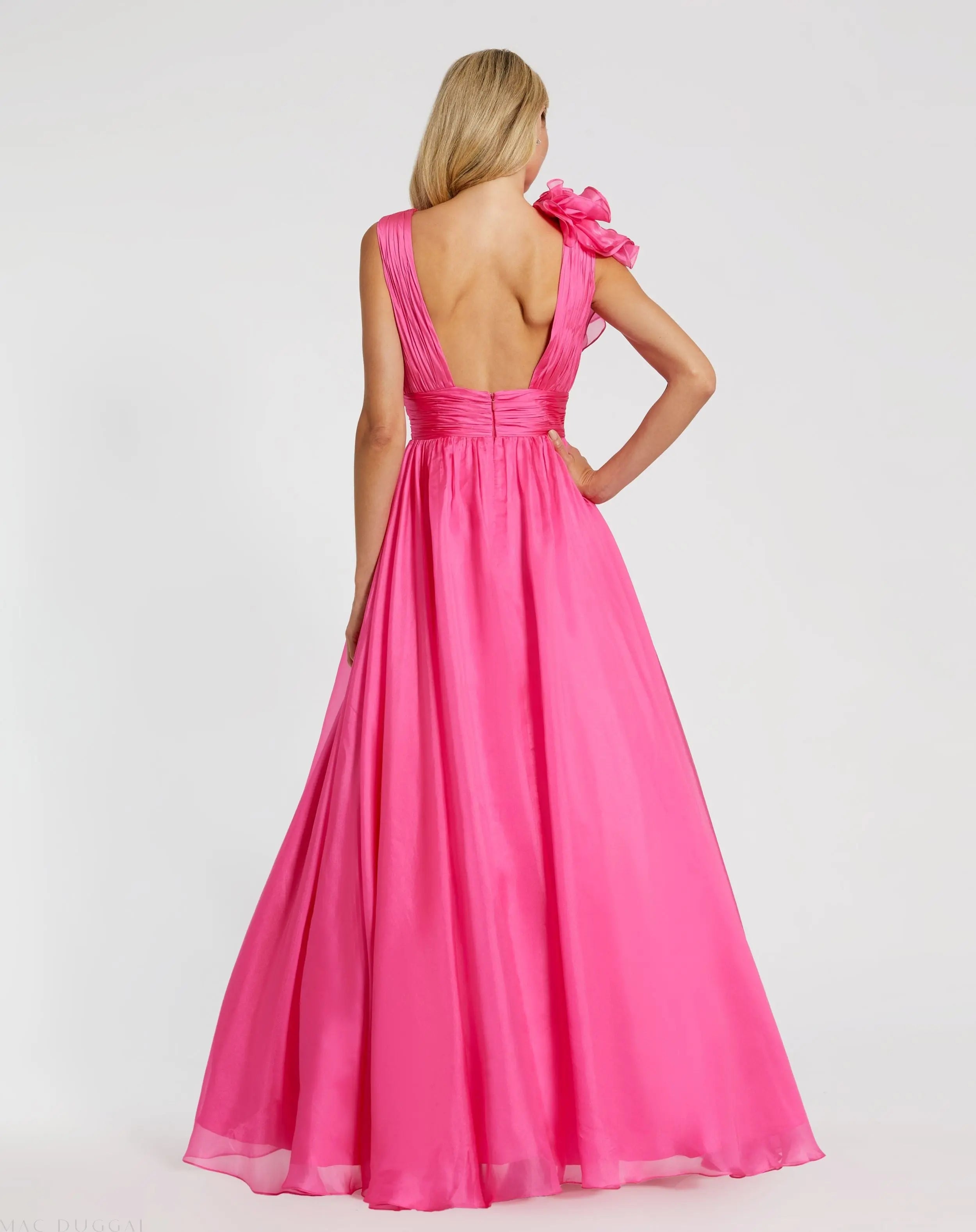 Pink Ruffle Shoulder V-Neck Chiffon Gown-Myartka