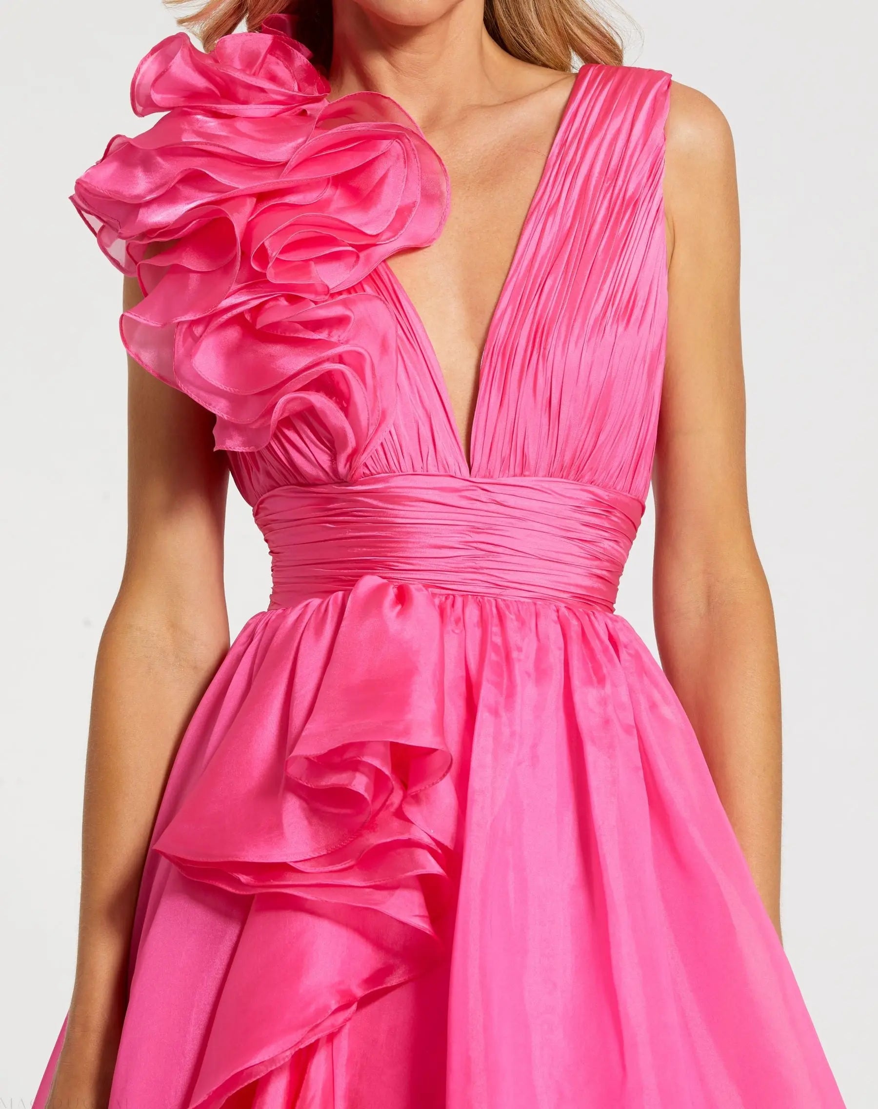 Pink Ruffle Shoulder V-Neck Chiffon Gown-Myartka