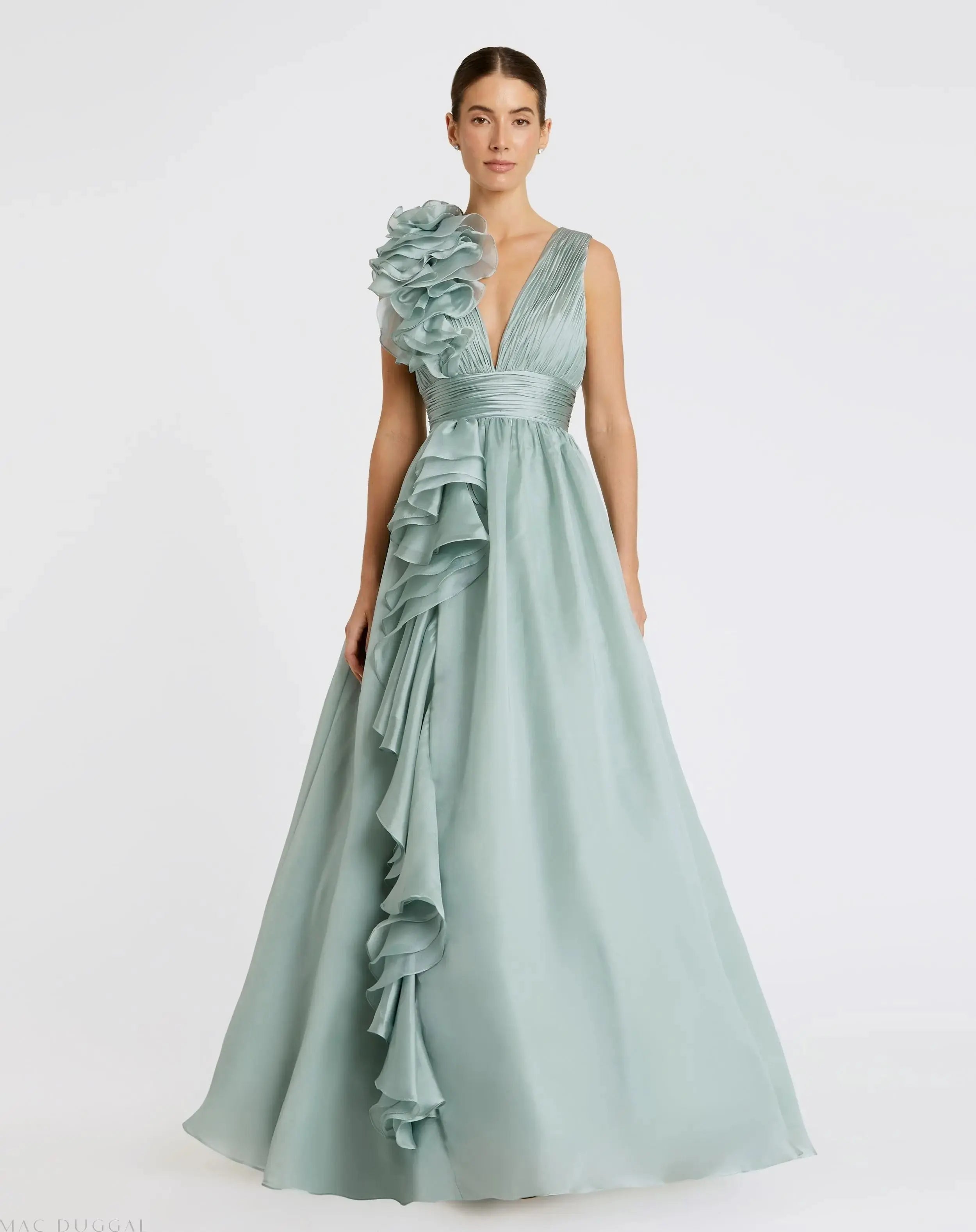 Green Ruffle Shoulder V-Neck Chiffon Gown-Myartka