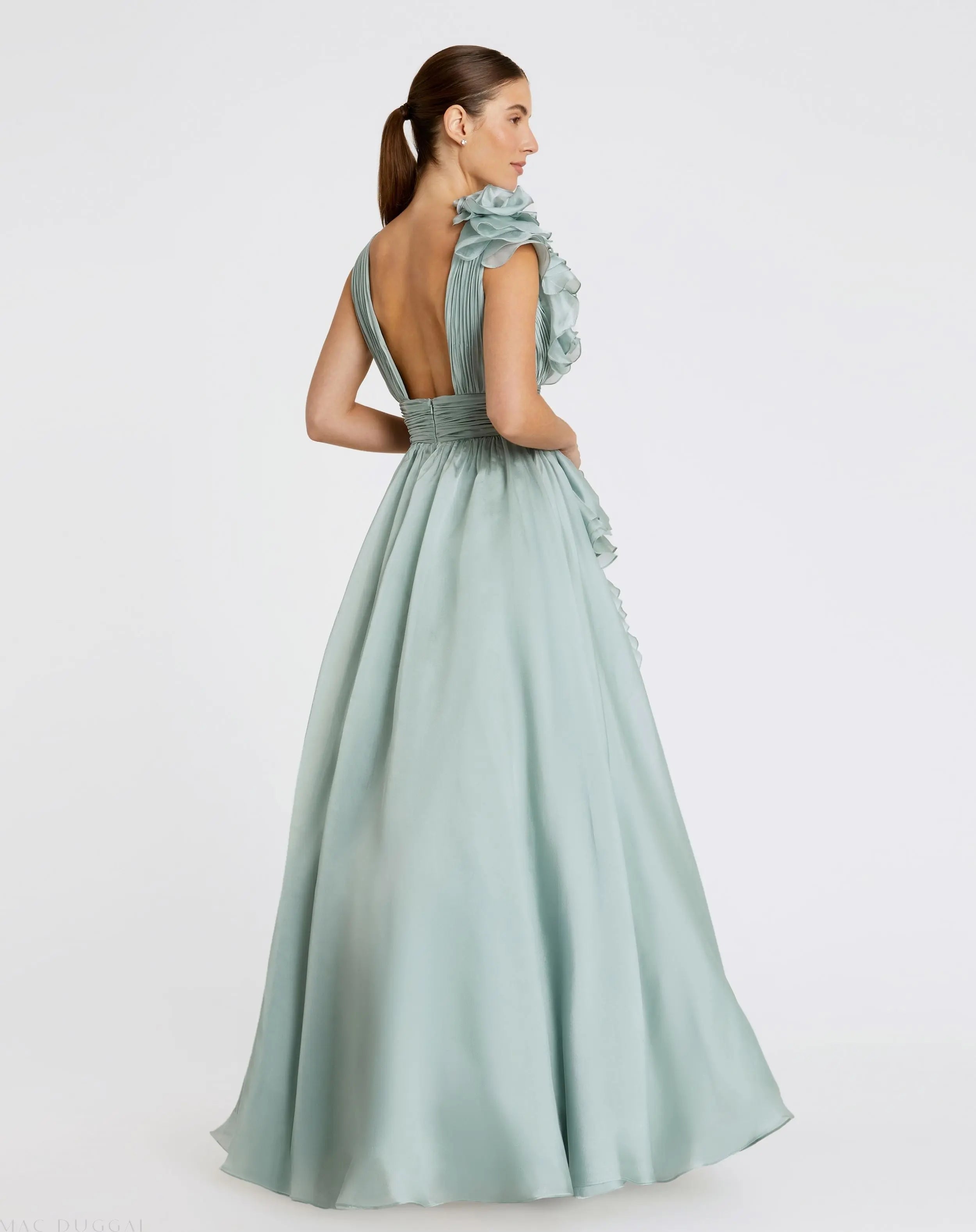 Green Ruffle Shoulder V-Neck Chiffon Gown-Myartka