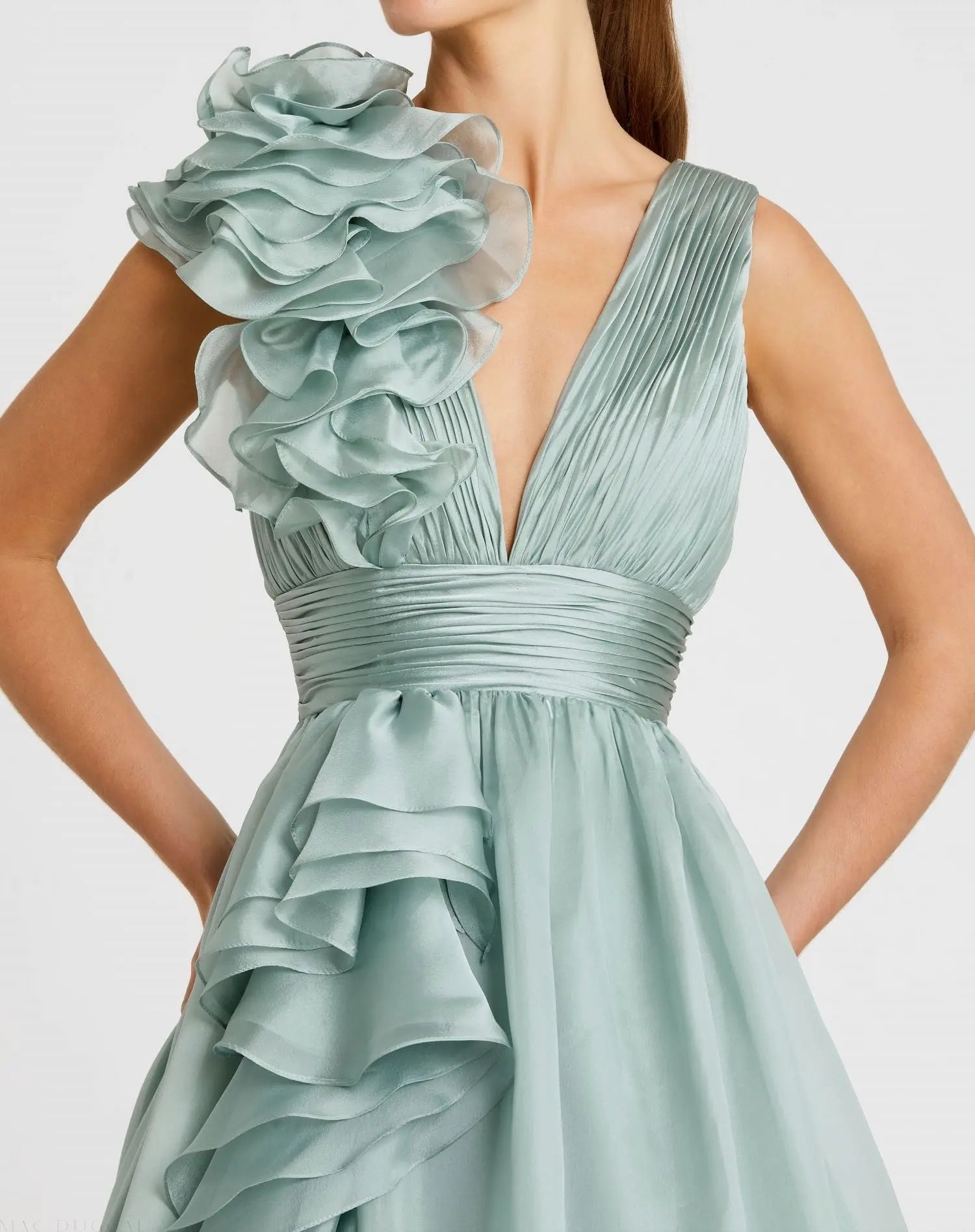 Green Ruffle Shoulder V-Neck Chiffon Gown-Myartka