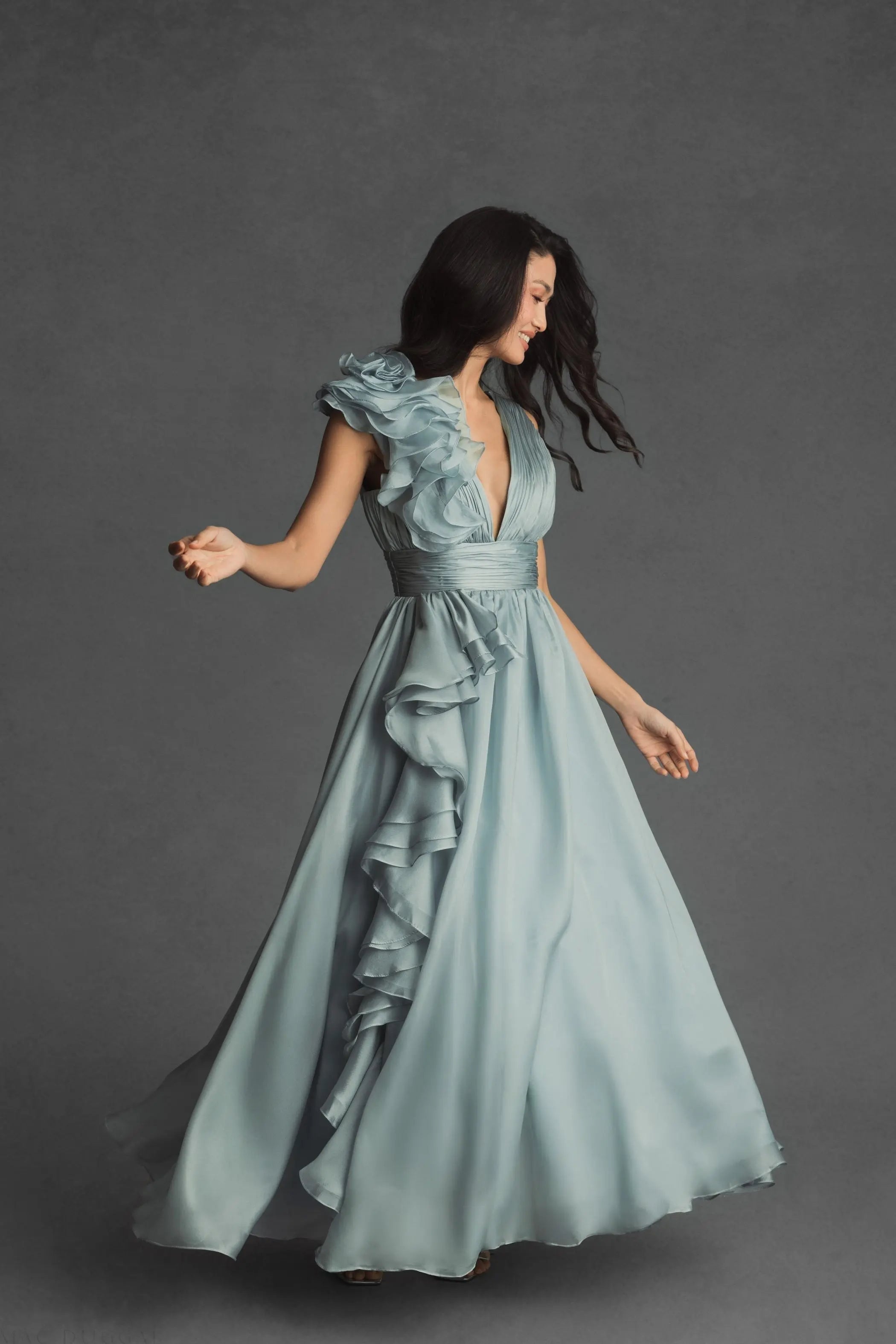 Green Ruffle Shoulder V-Neck Chiffon Gown-Myartka