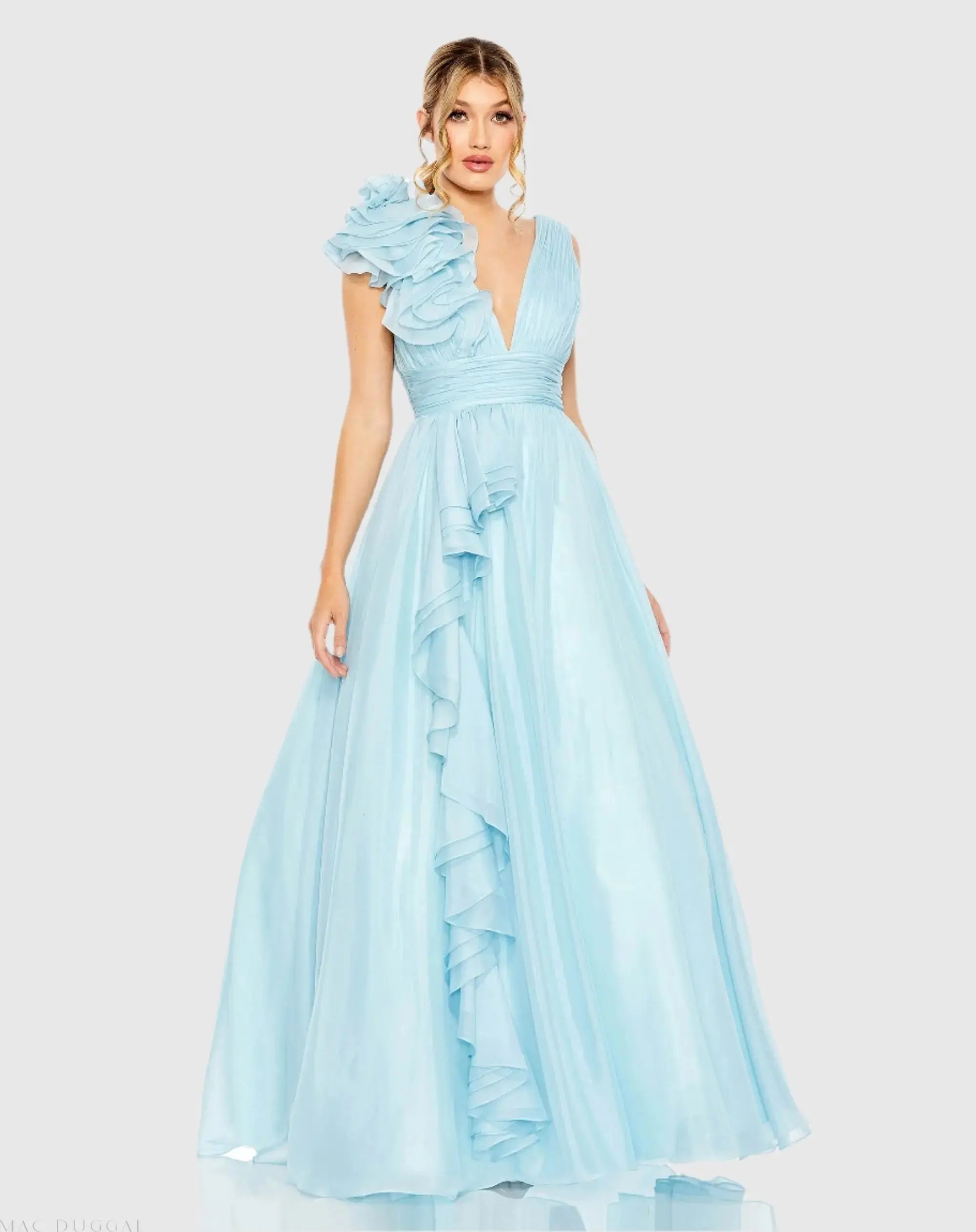 Light Blue Ruffle Shoulder V-Neck Chiffon Gown-Myartka