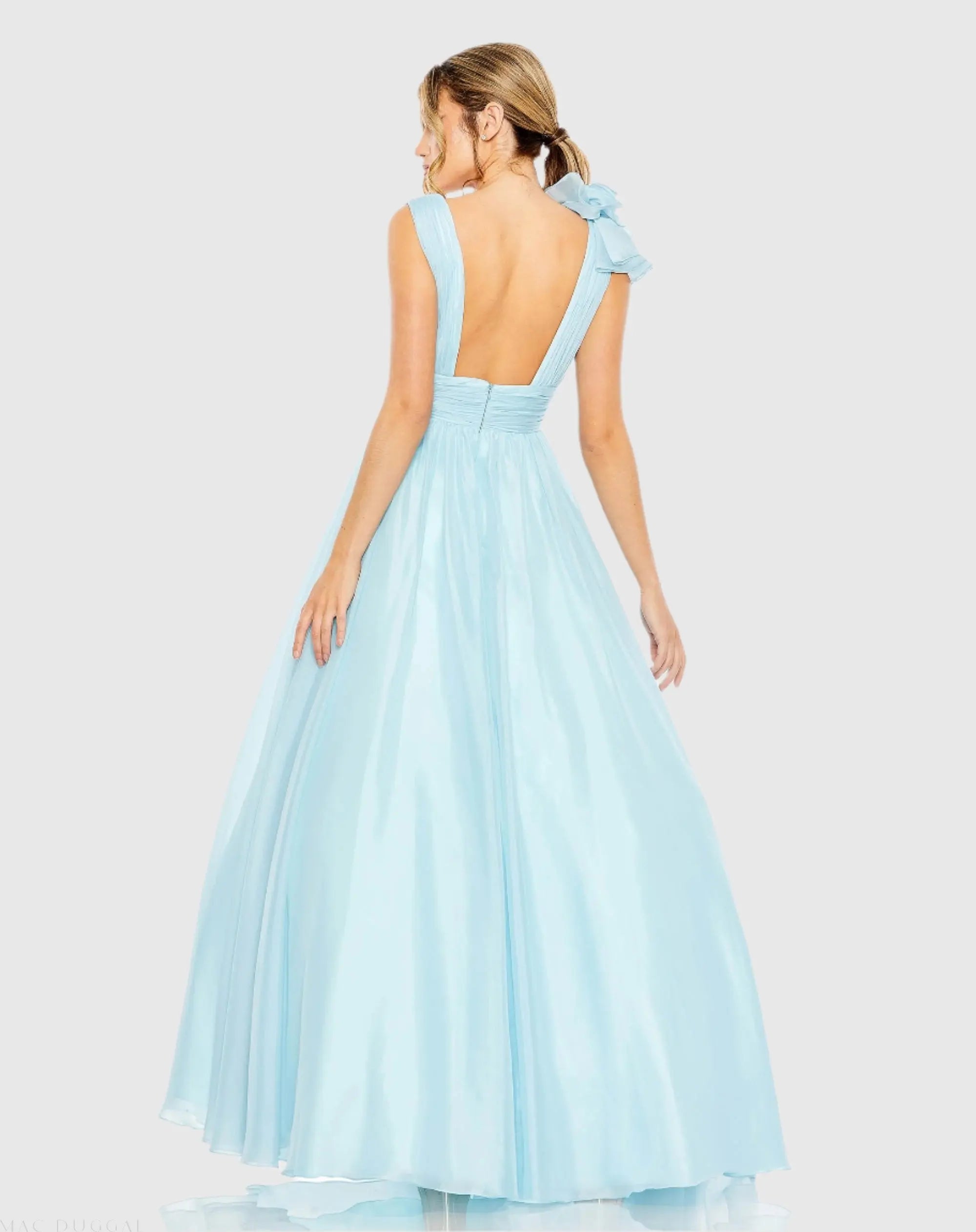Light Blue Ruffle Shoulder V-Neck Chiffon Gown-Myartka