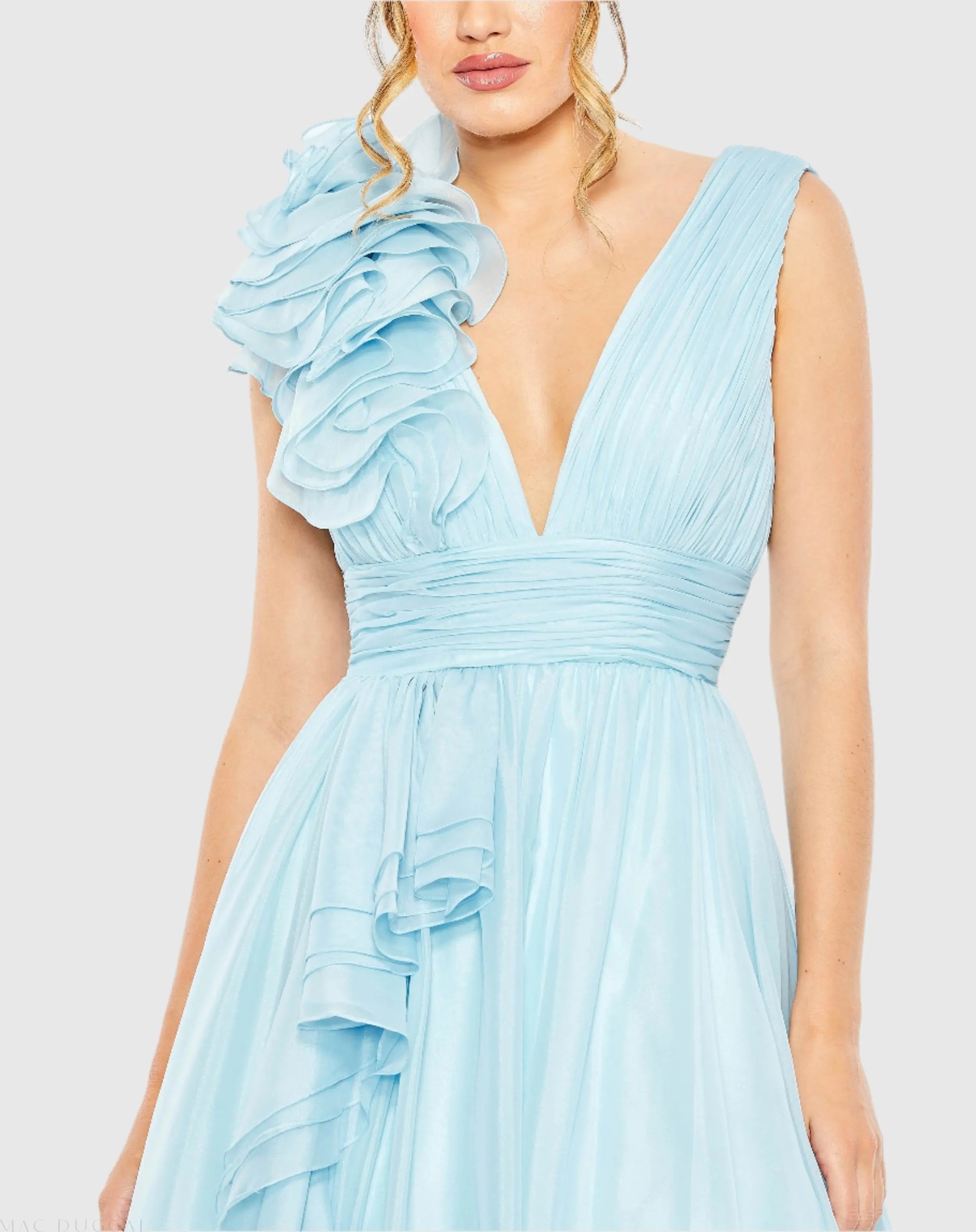 Light Blue Ruffle Shoulder V-Neck Chiffon Gown-Myartka