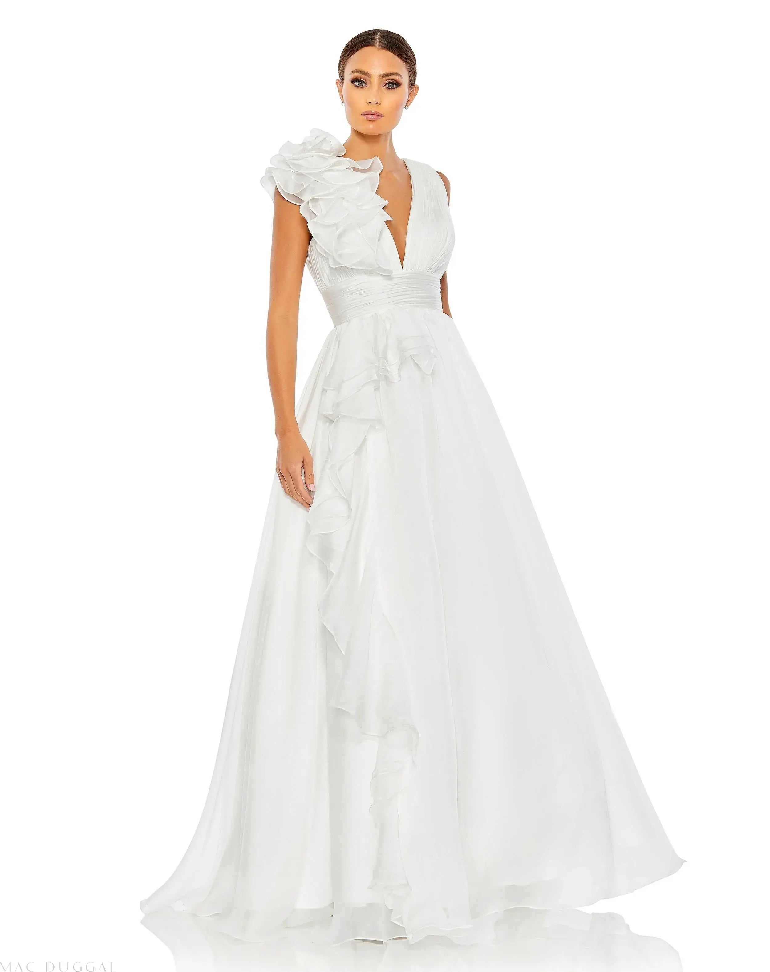 White Ruffle Shoulder V-Neck Chiffon Gown-Myartka