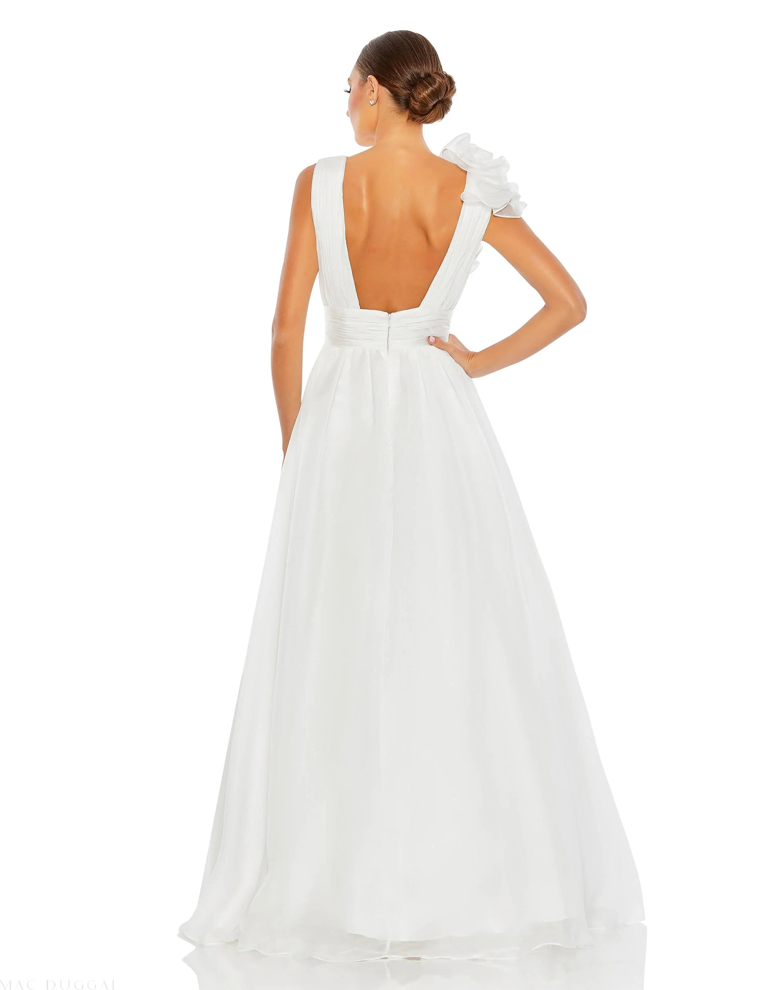 White Ruffle Shoulder V-Neck Chiffon Gown-Myartka