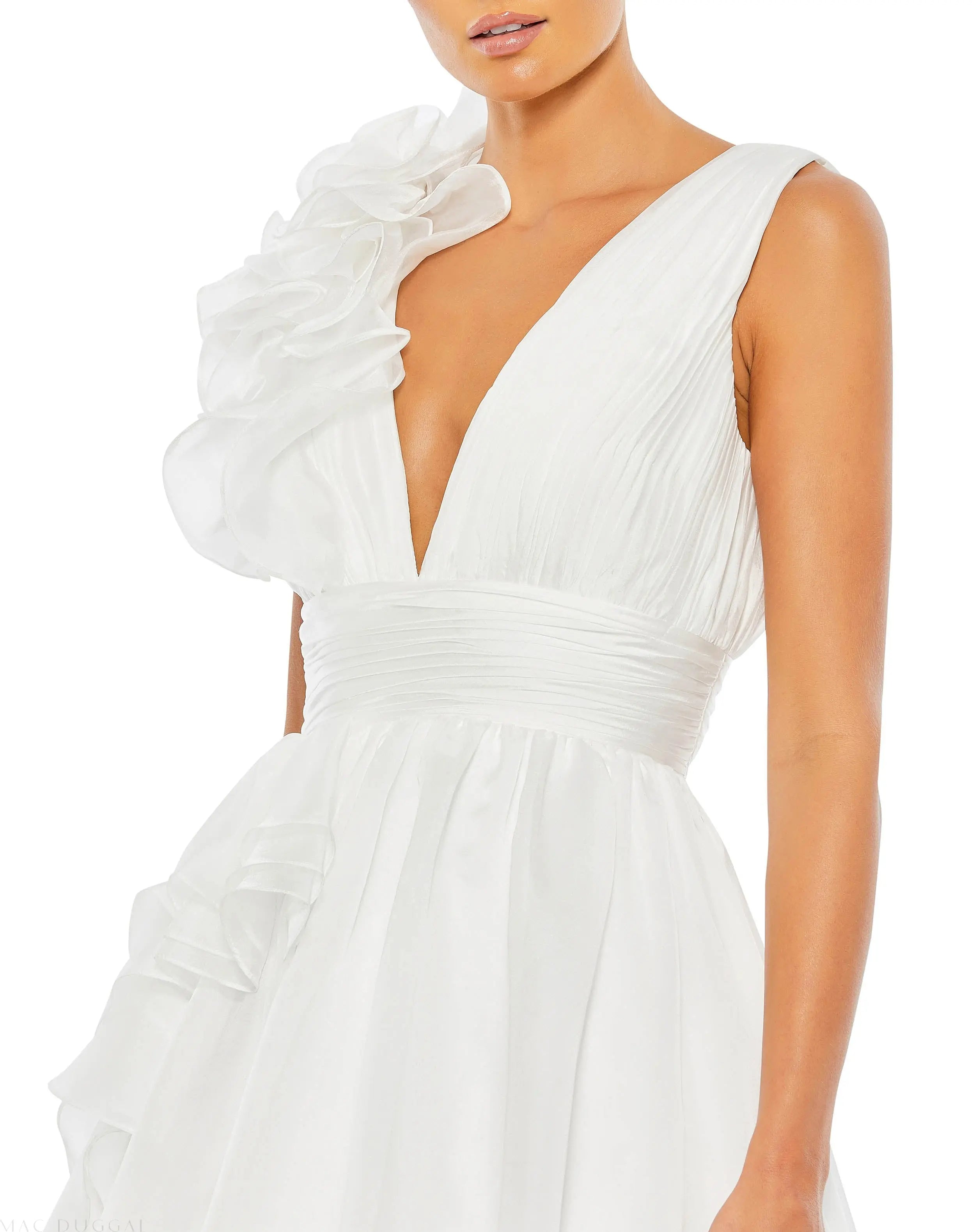 White Ruffle Shoulder V-Neck Chiffon Gown-Myartka