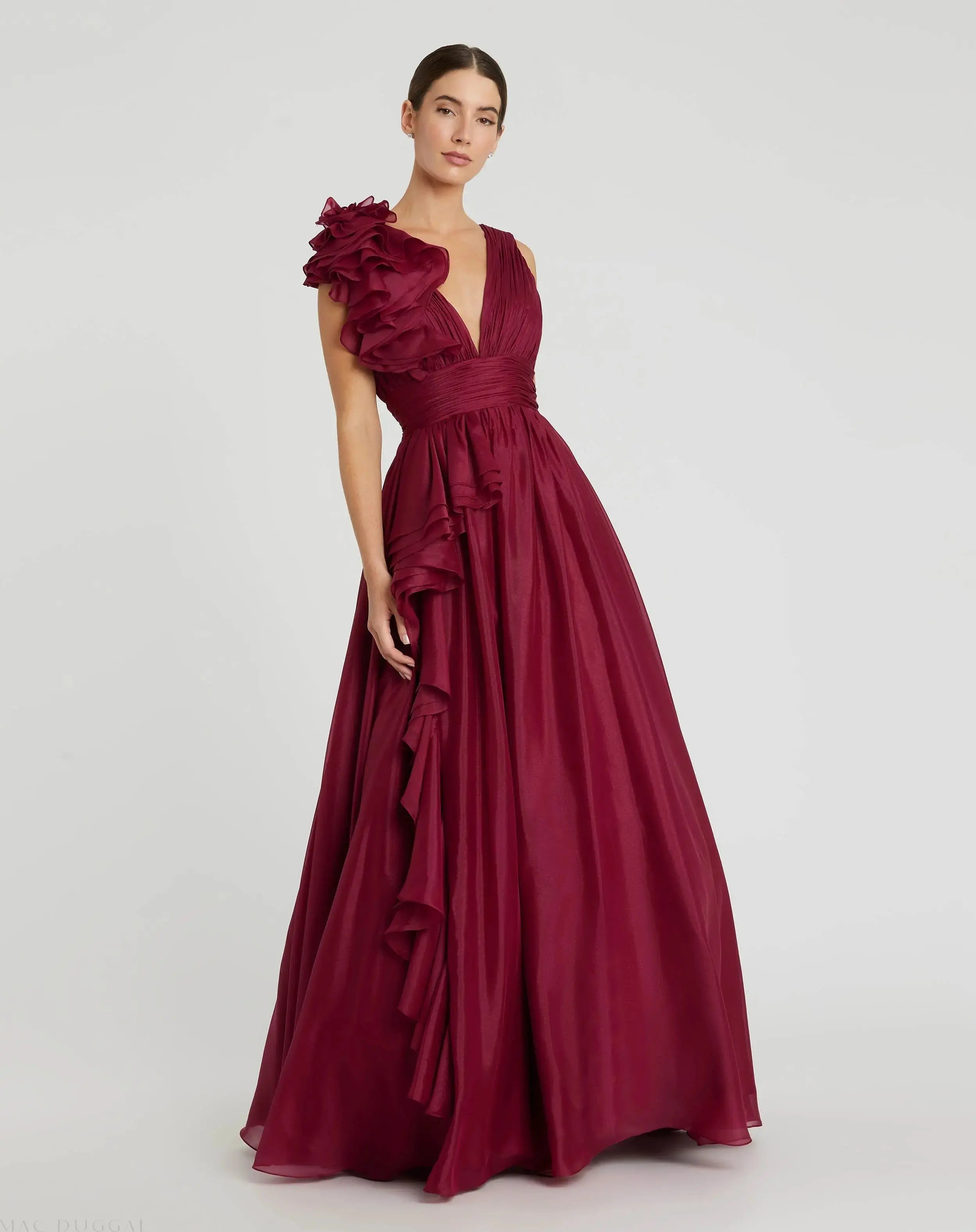 Burgundy Ruffle Shoulder V-Neck Chiffon Gown-Myartka