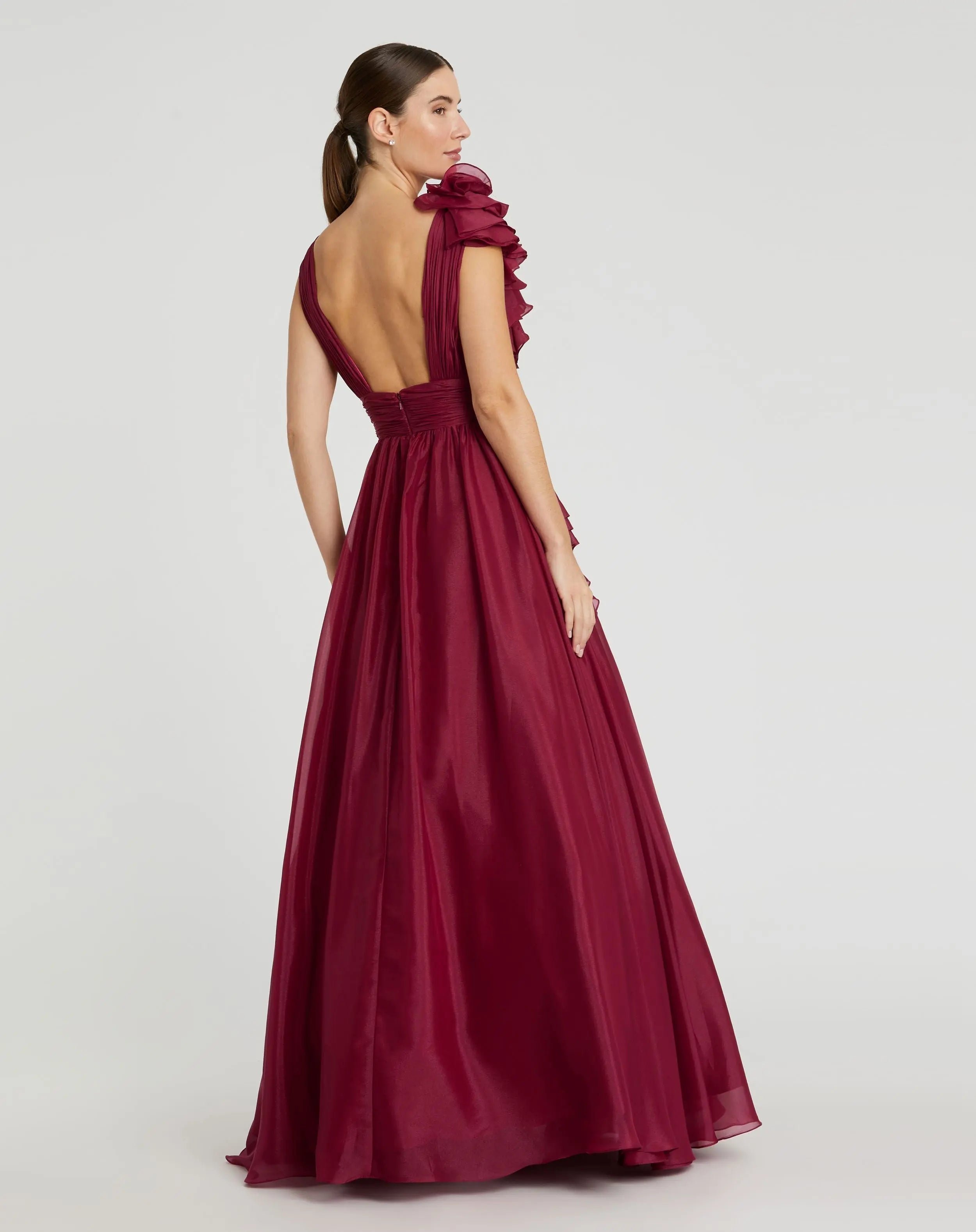 Burgundy Ruffle Shoulder V-Neck Chiffon Gown-Myartka