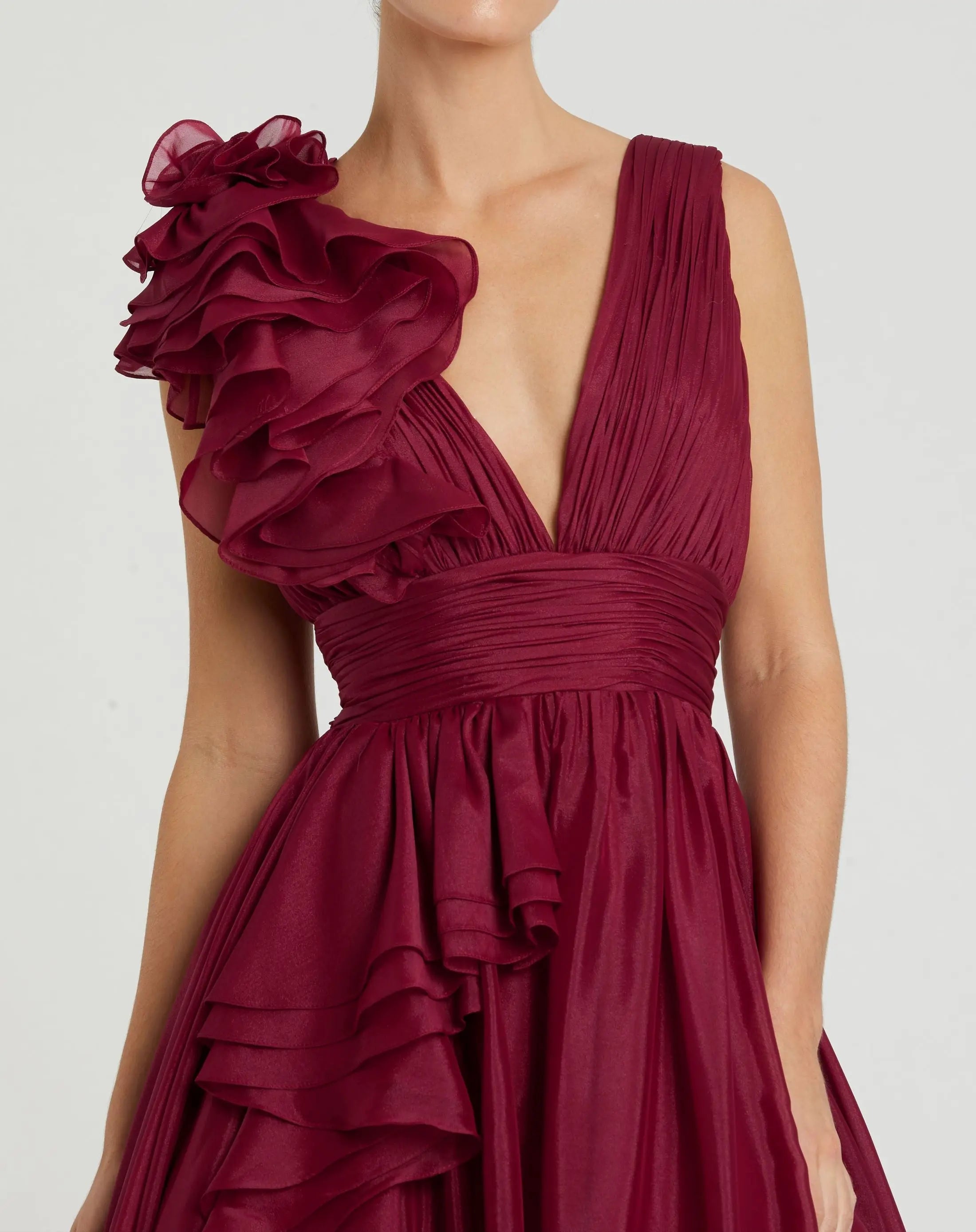 Burgundy Ruffle Shoulder V-Neck Chiffon Gown-Myartka