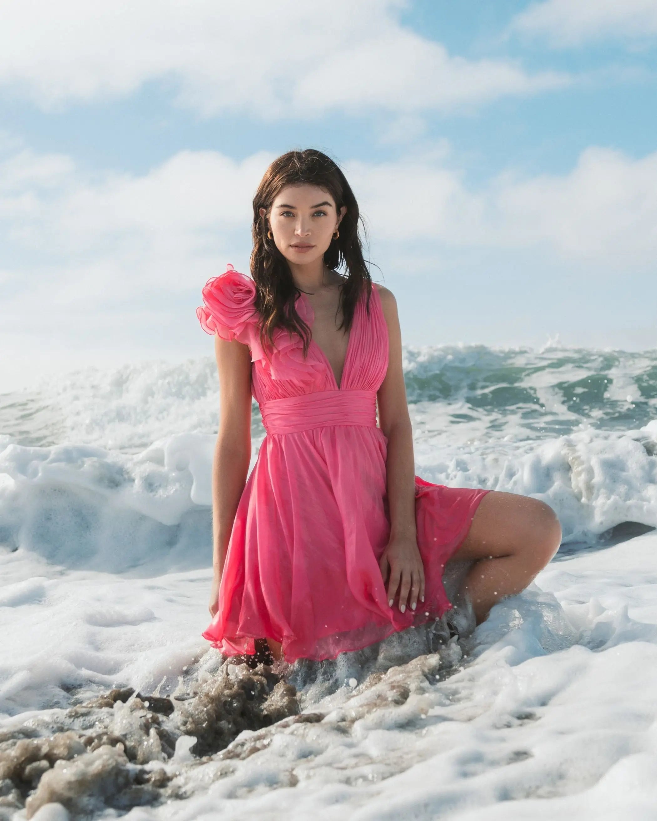 Pink Ruffle V Neck Fit & Flare Mini Dress-Myartka