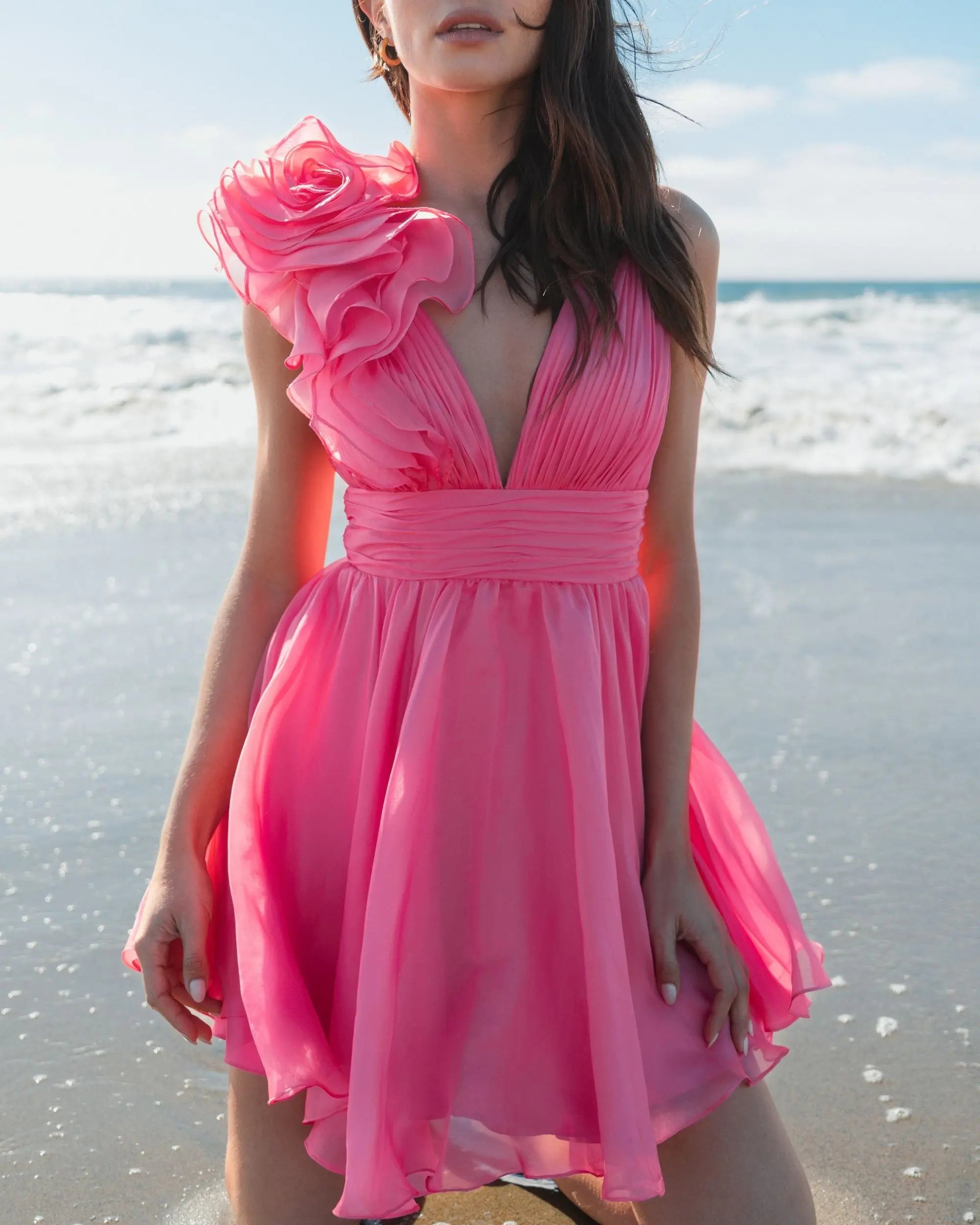 Pink Ruffle V Neck Fit & Flare Mini Dress-Myartka