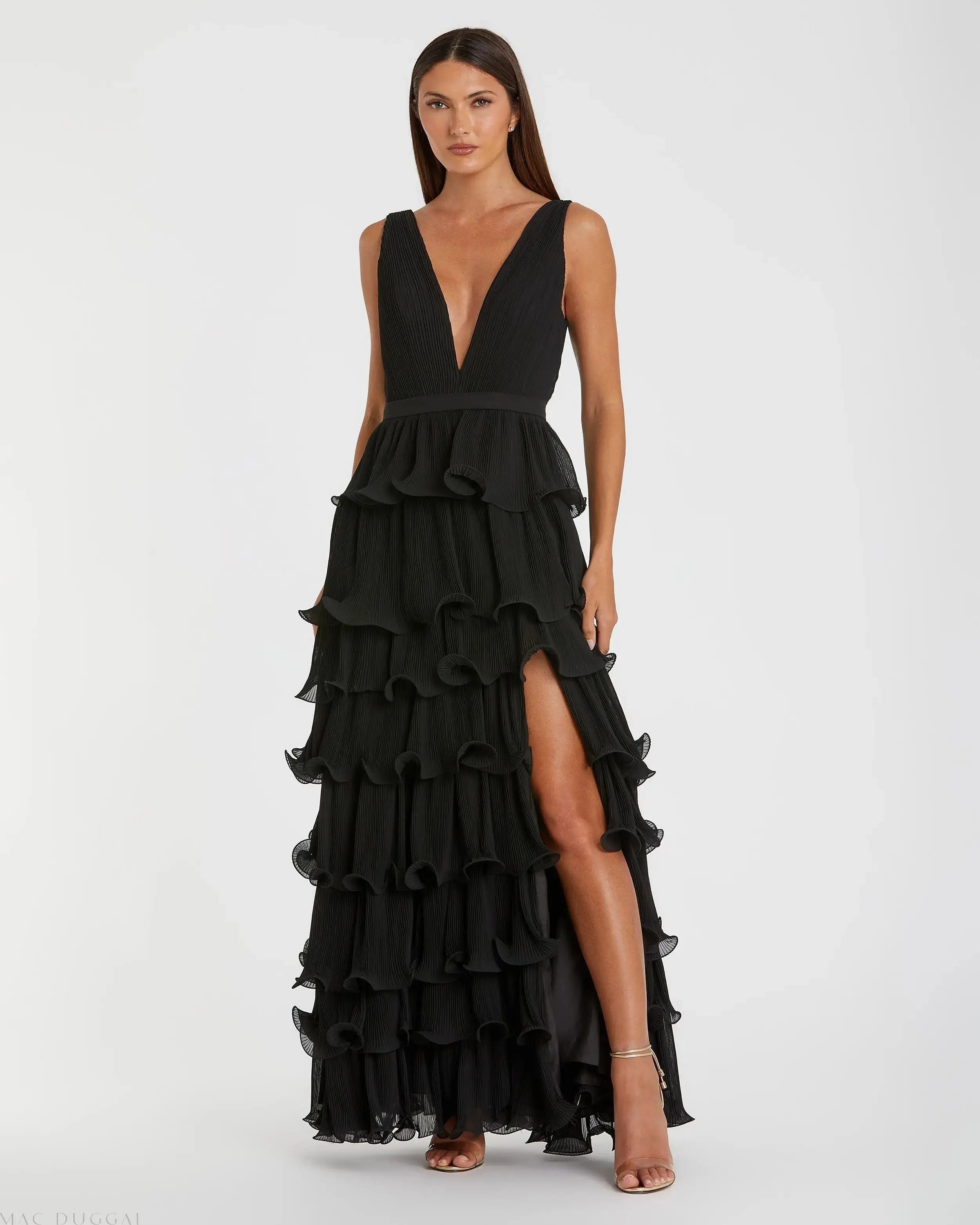 Black Sleeveless Ruffle Tiered V Neck Gown-Myartka