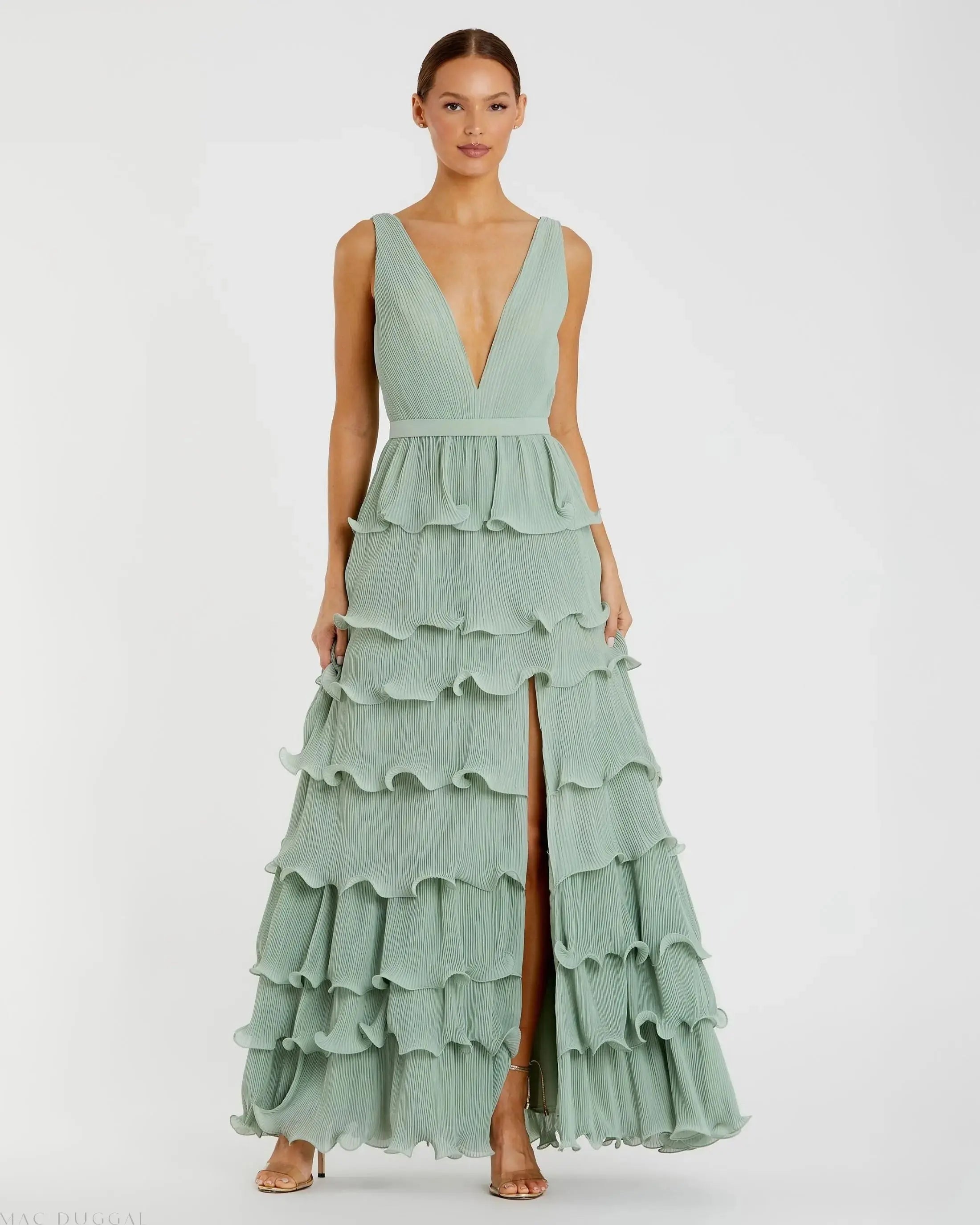 Green Sleeveless Ruffle Tiered V Neck Gown-Myartka