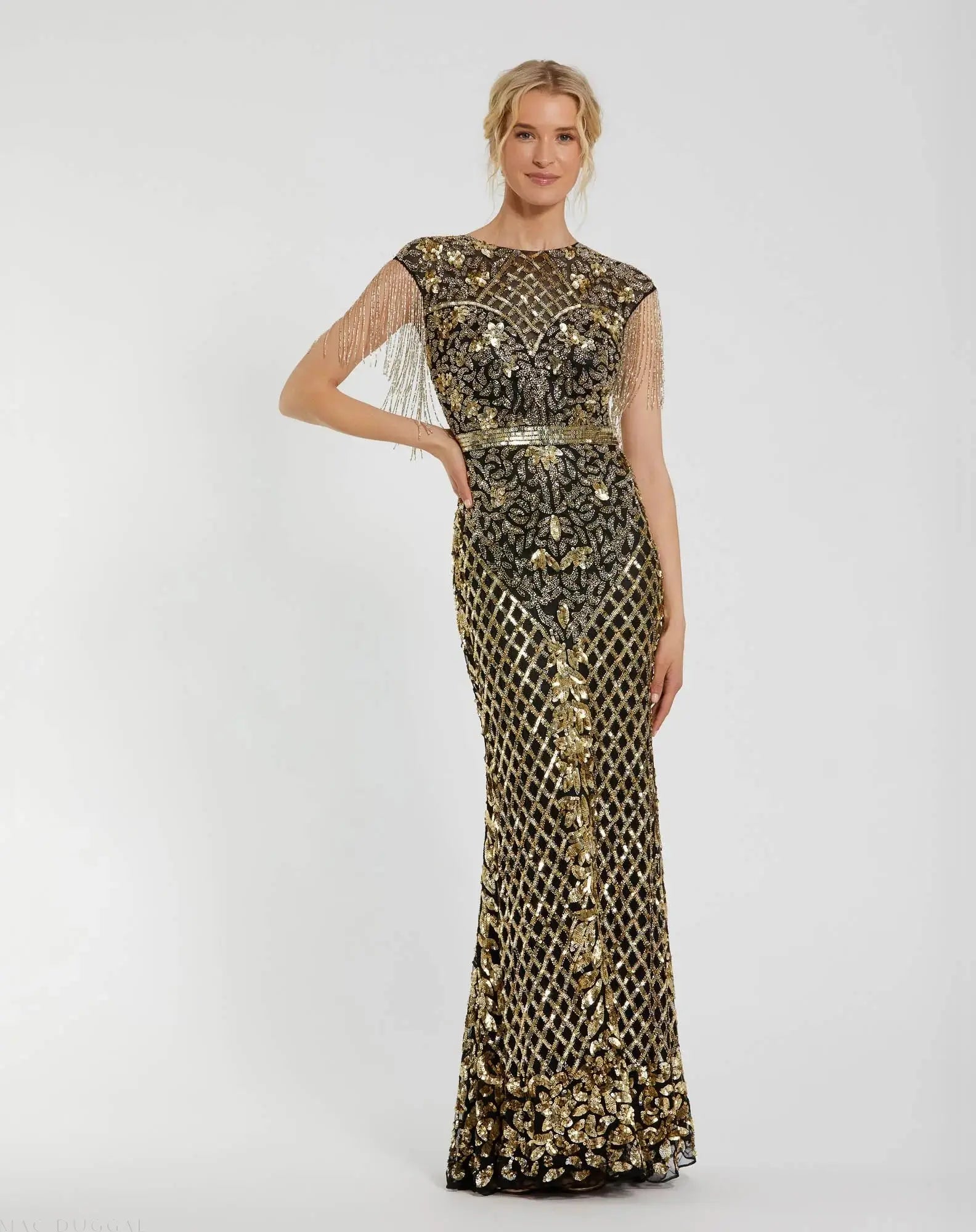 Black High Neck Beaded Fringe Fitted Gown-Myartka