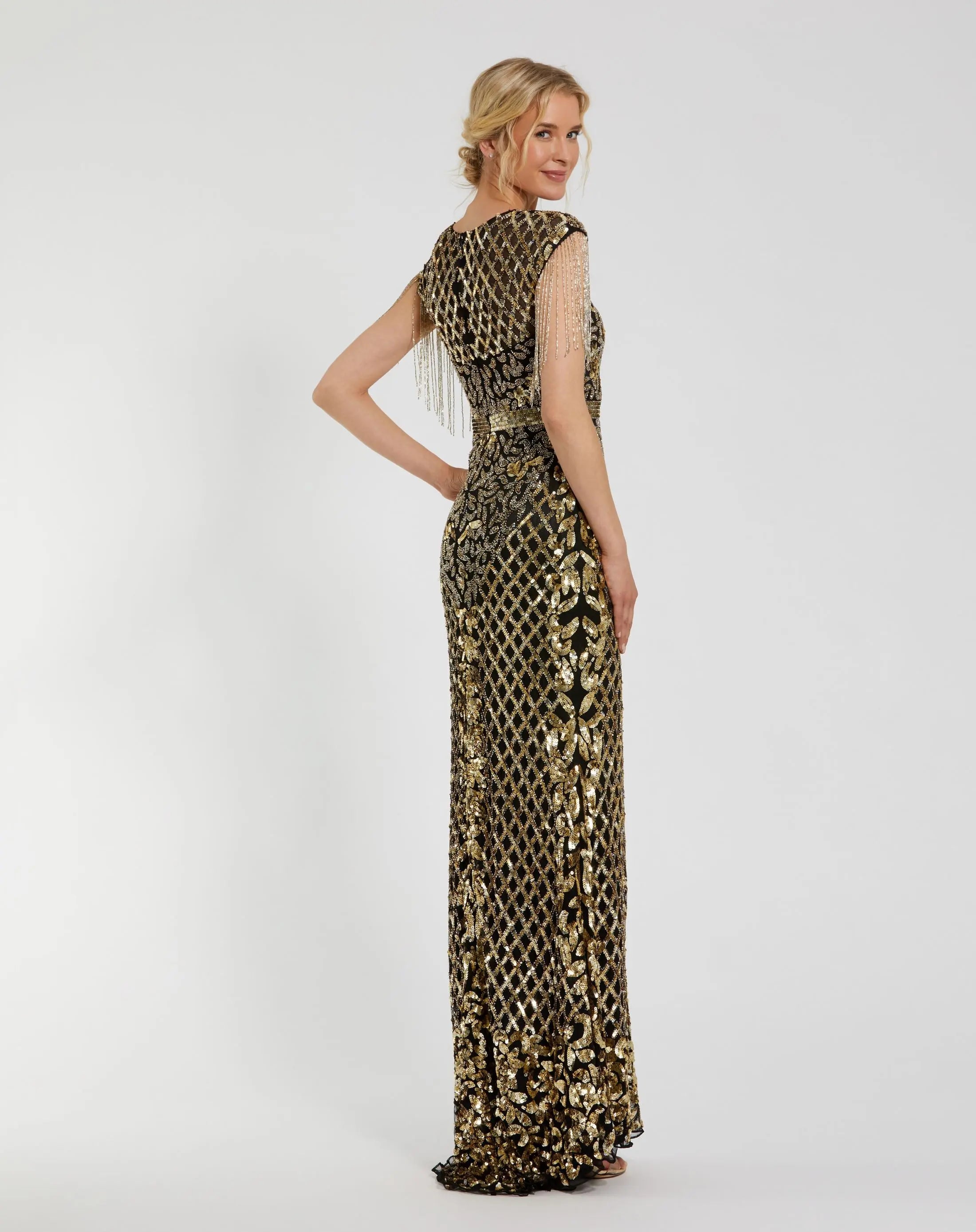 Black High Neck Beaded Fringe Fitted Gown-Myartka
