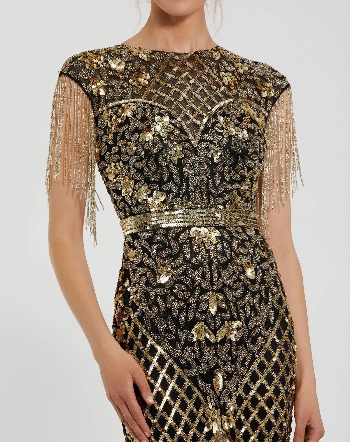 Black High Neck Beaded Fringe Fitted Gown-Myartka