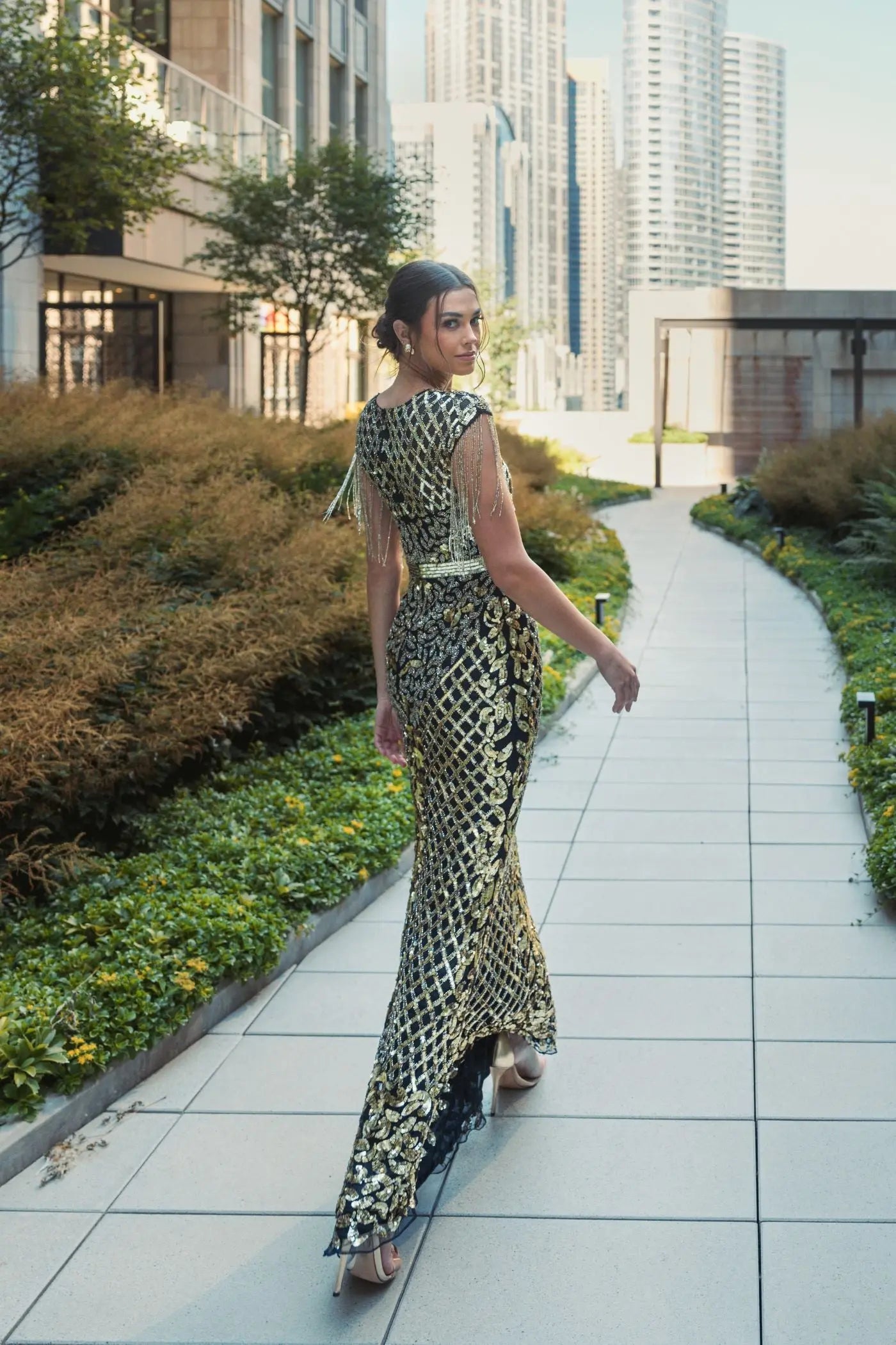 Black High Neck Beaded Fringe Fitted Gown-Myartka