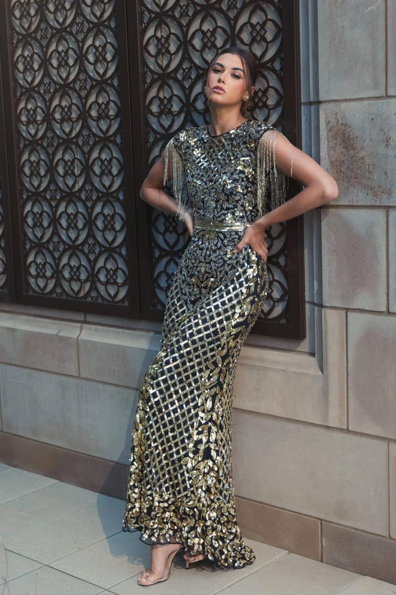 Black High Neck Beaded Fringe Fitted Gown-Myartka