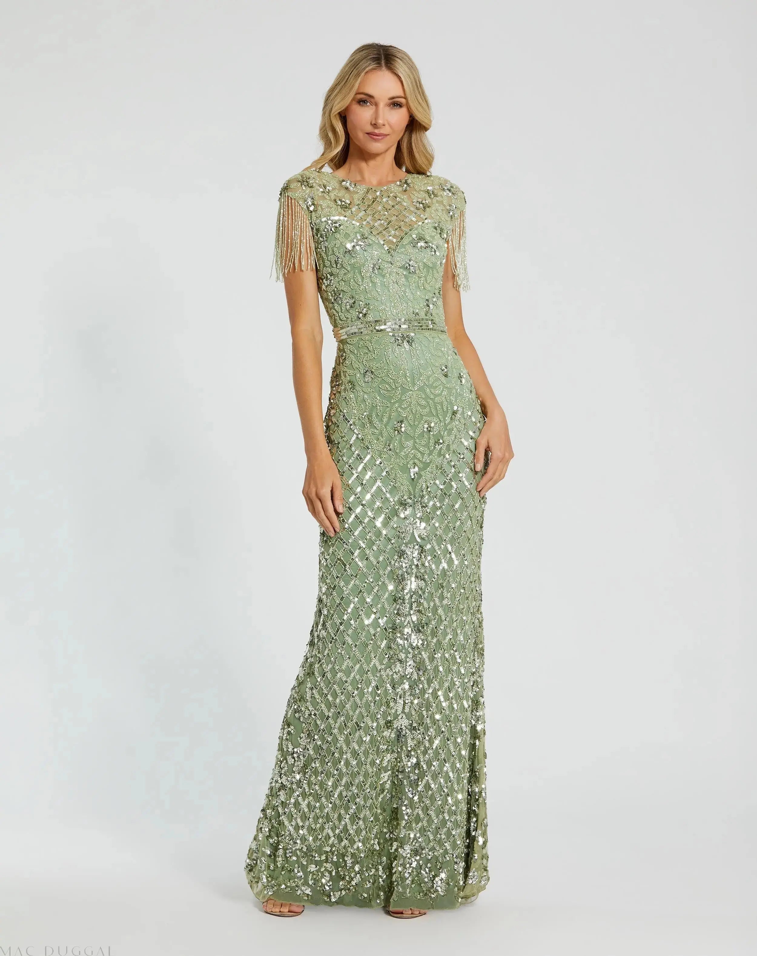 High Neck Sleeveless Beaded Fringe Fitted Gown-Myartka