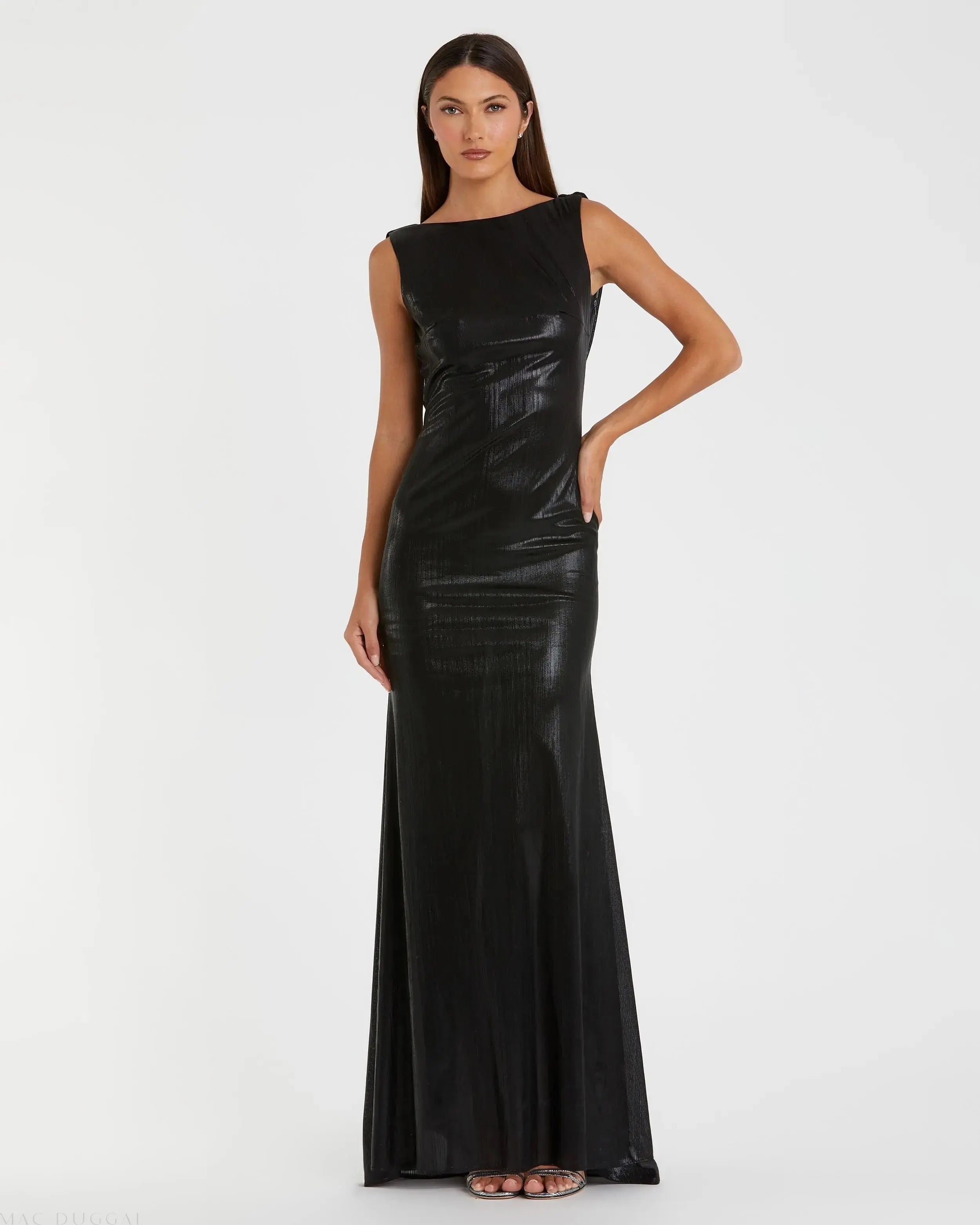 Black Metallic Jersey Cowl Back Column Gown-Myartka