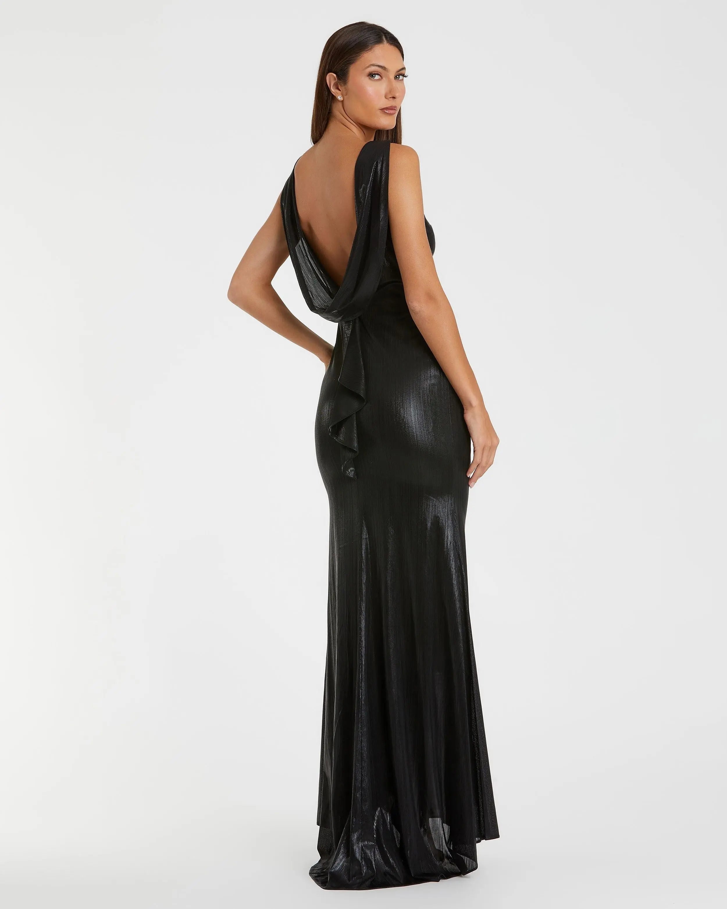 Black Metallic Jersey Cowl Back Column Gown-Myartka