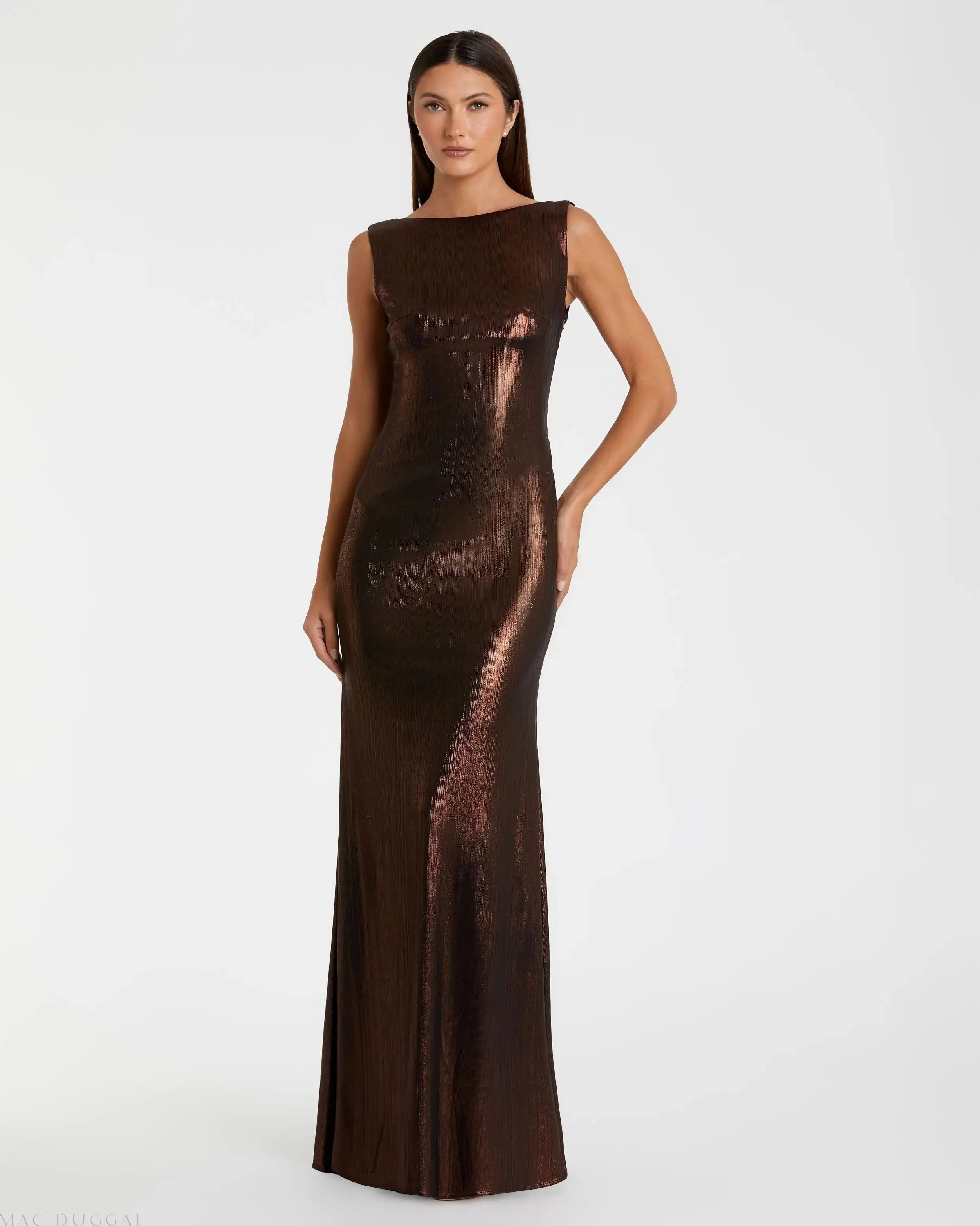 Brown Metallic Jersey Cowl Back Column Gown-Myartka