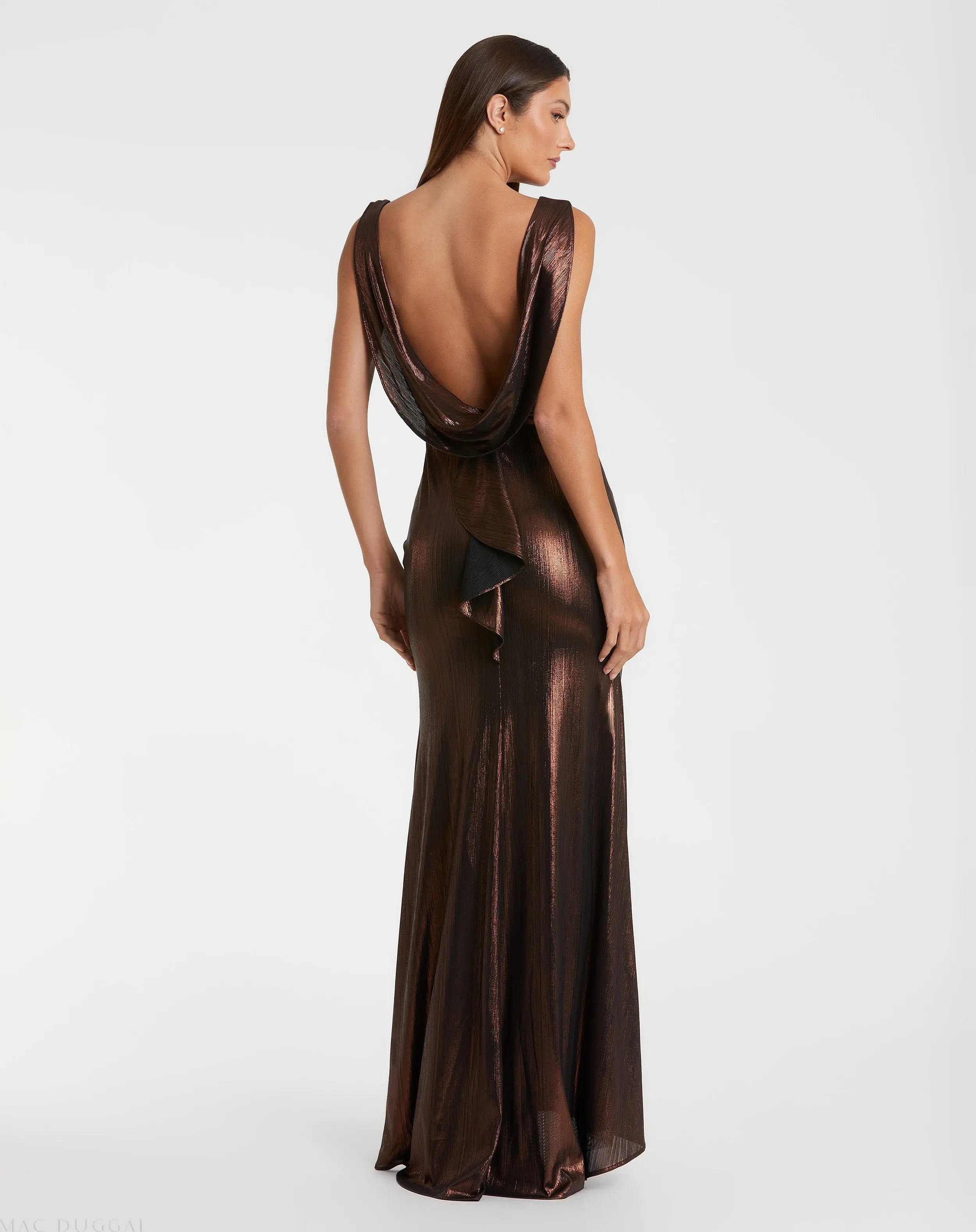 Brown Metallic Jersey Cowl Back Column Gown-Myartka